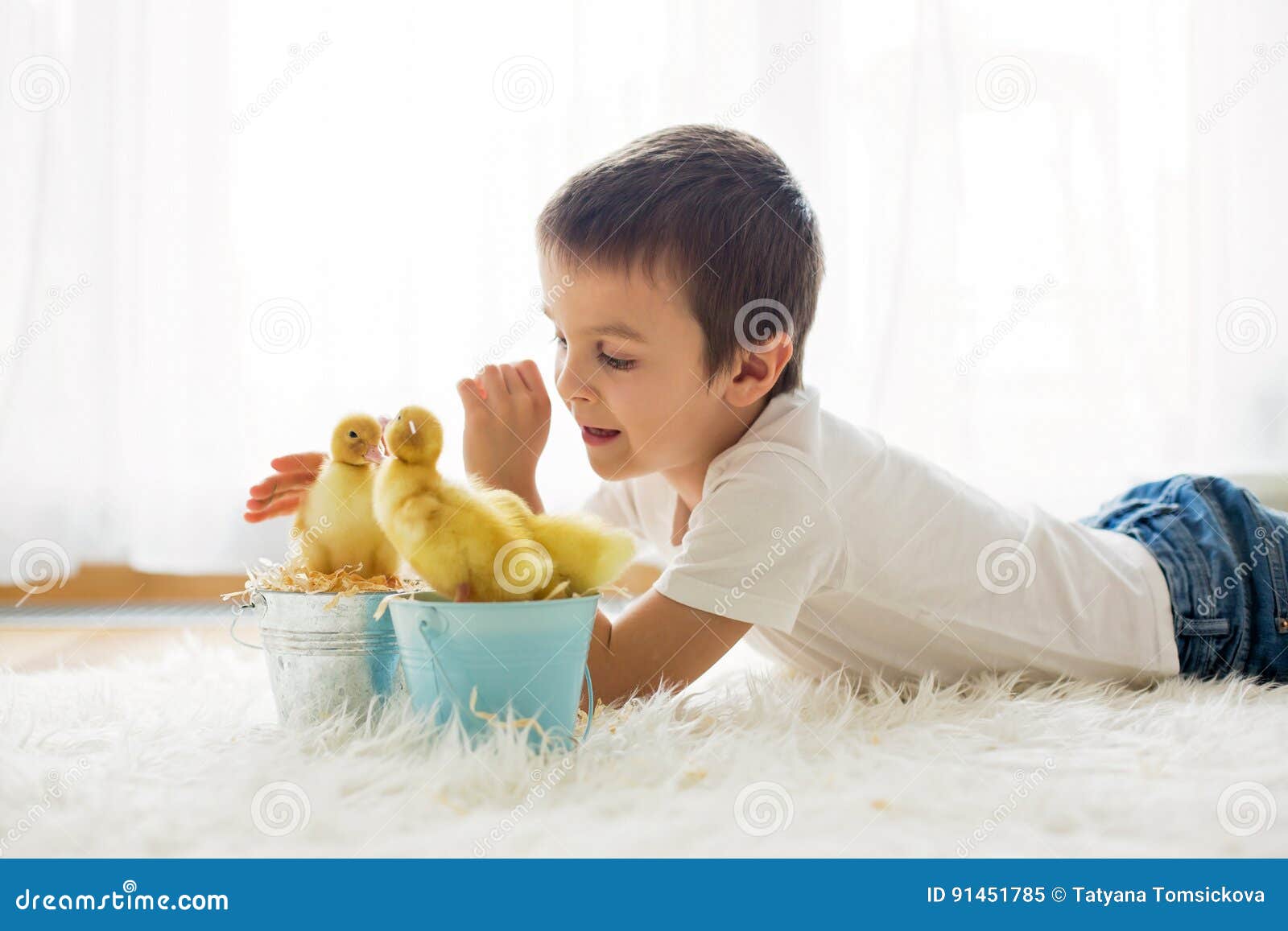 Cute Little Boy with Ducklings Springtime, Playing Together Stock Image ...