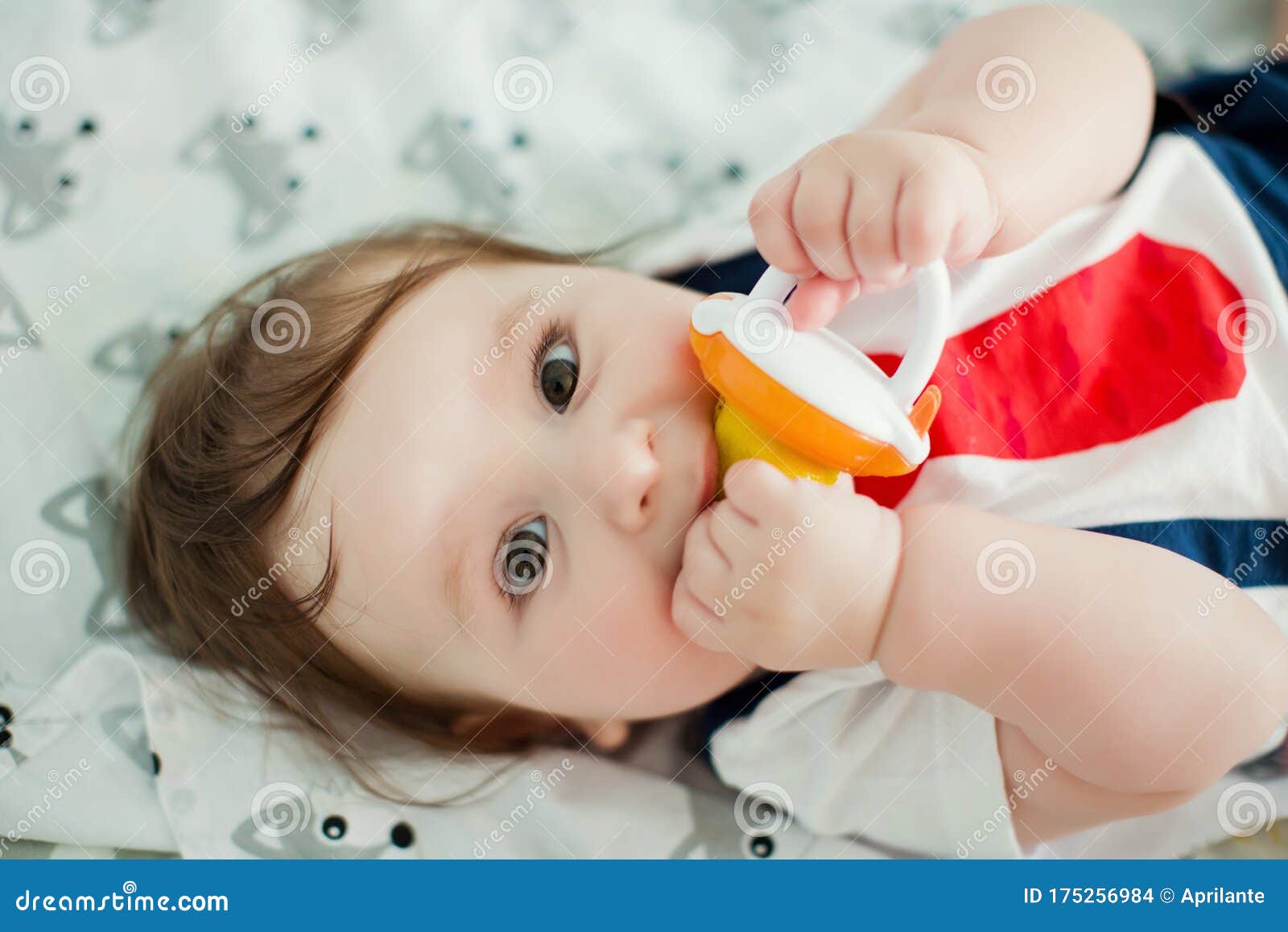 little boy eat fruits from baby`s nibbler