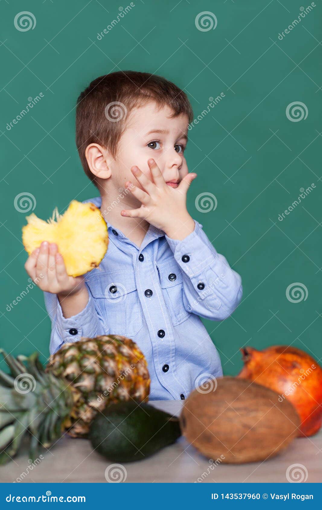 Cute Little Boy Eating Pineapple Stock Photo Image of happiness