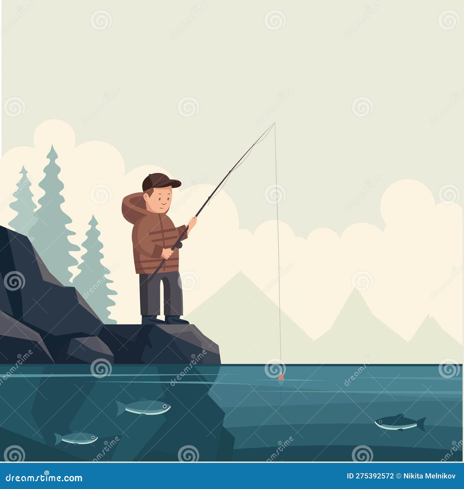 Cute Little Boy Fisherman with Fishing Rod in Hands To Fish in