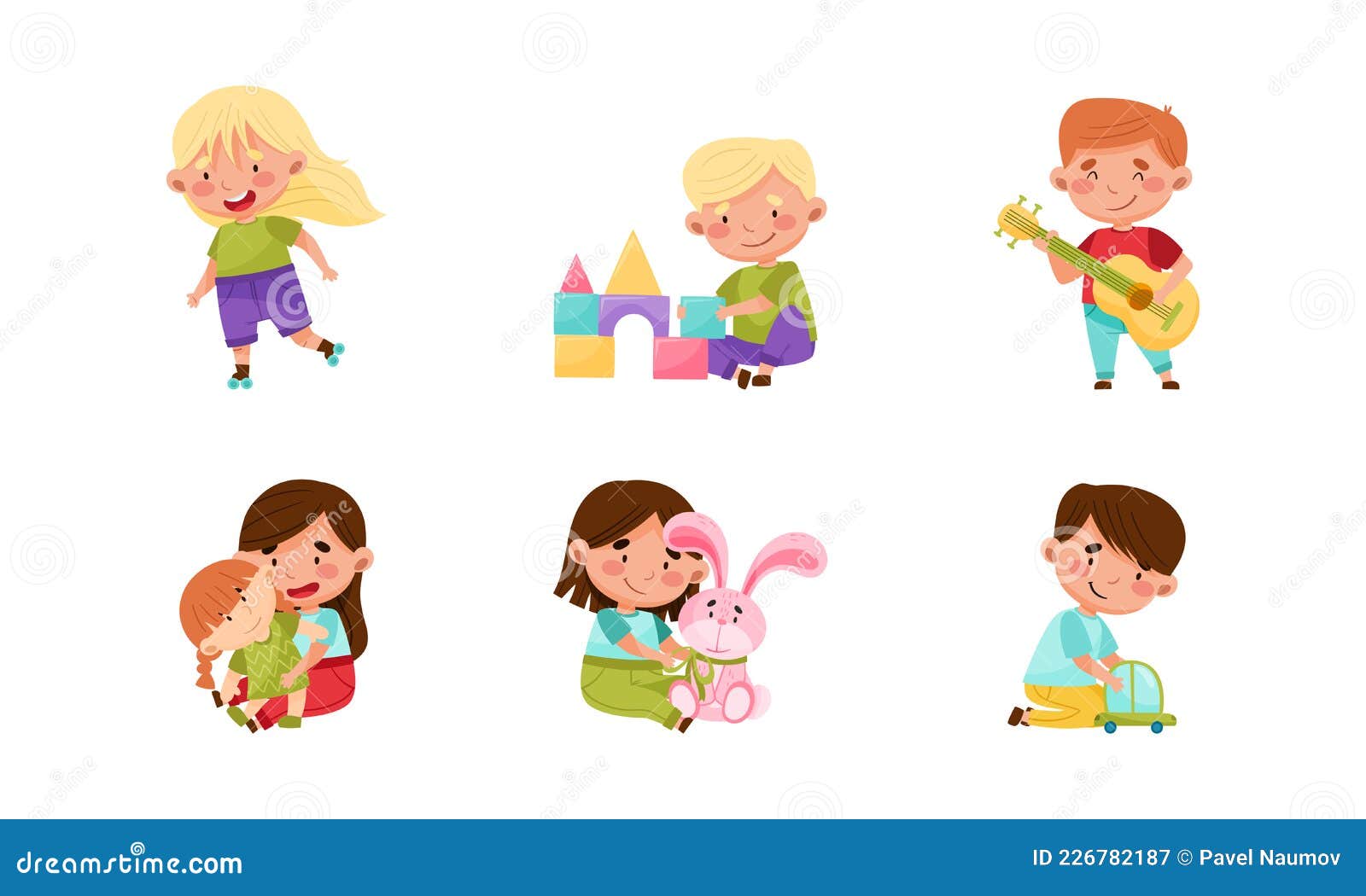 Happy little boy playing with toys, Stock vector