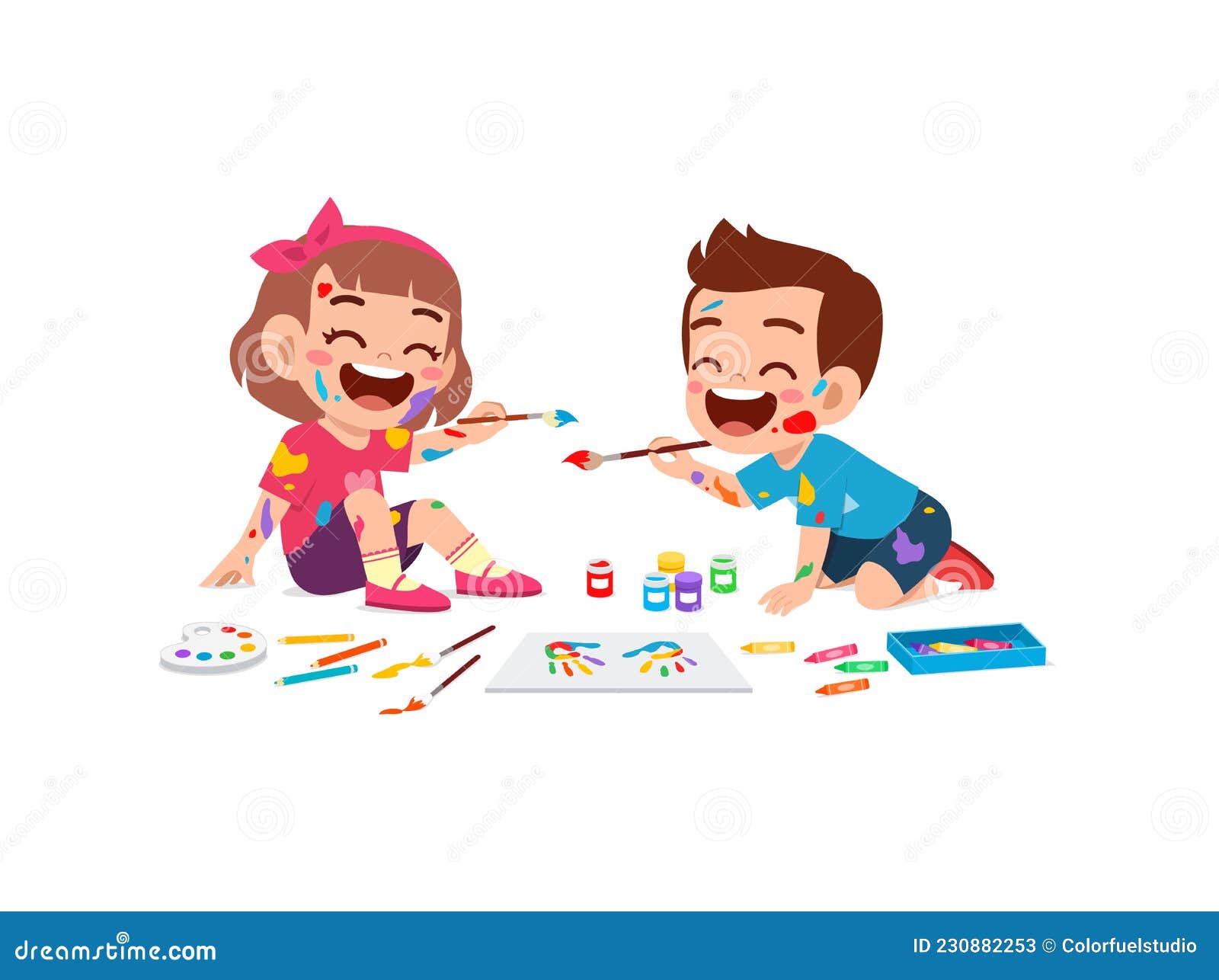 Cute Little Boy and Girl Using Paint To Hand for Art Stock Vector ...