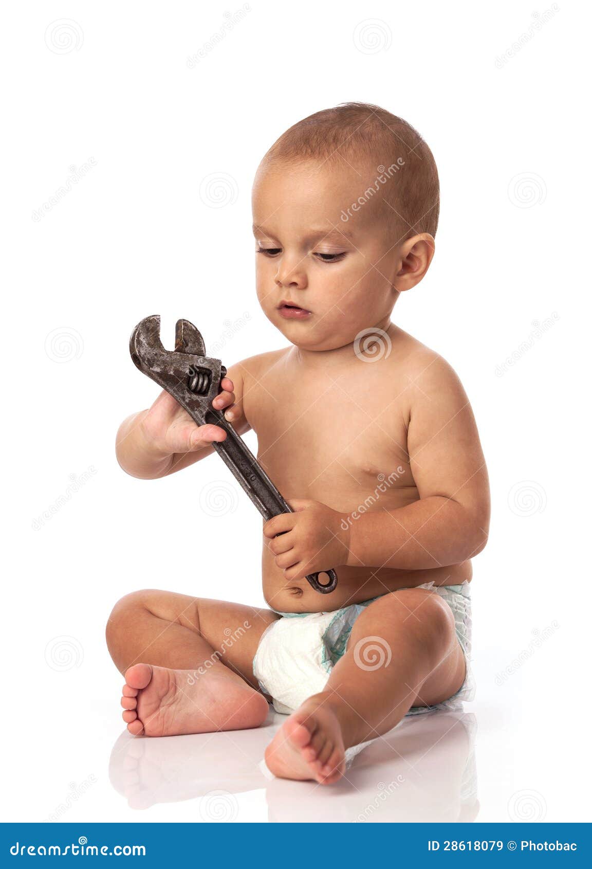 Cute Little Boy Holding an Adjustable Spanner Stock Image Image of