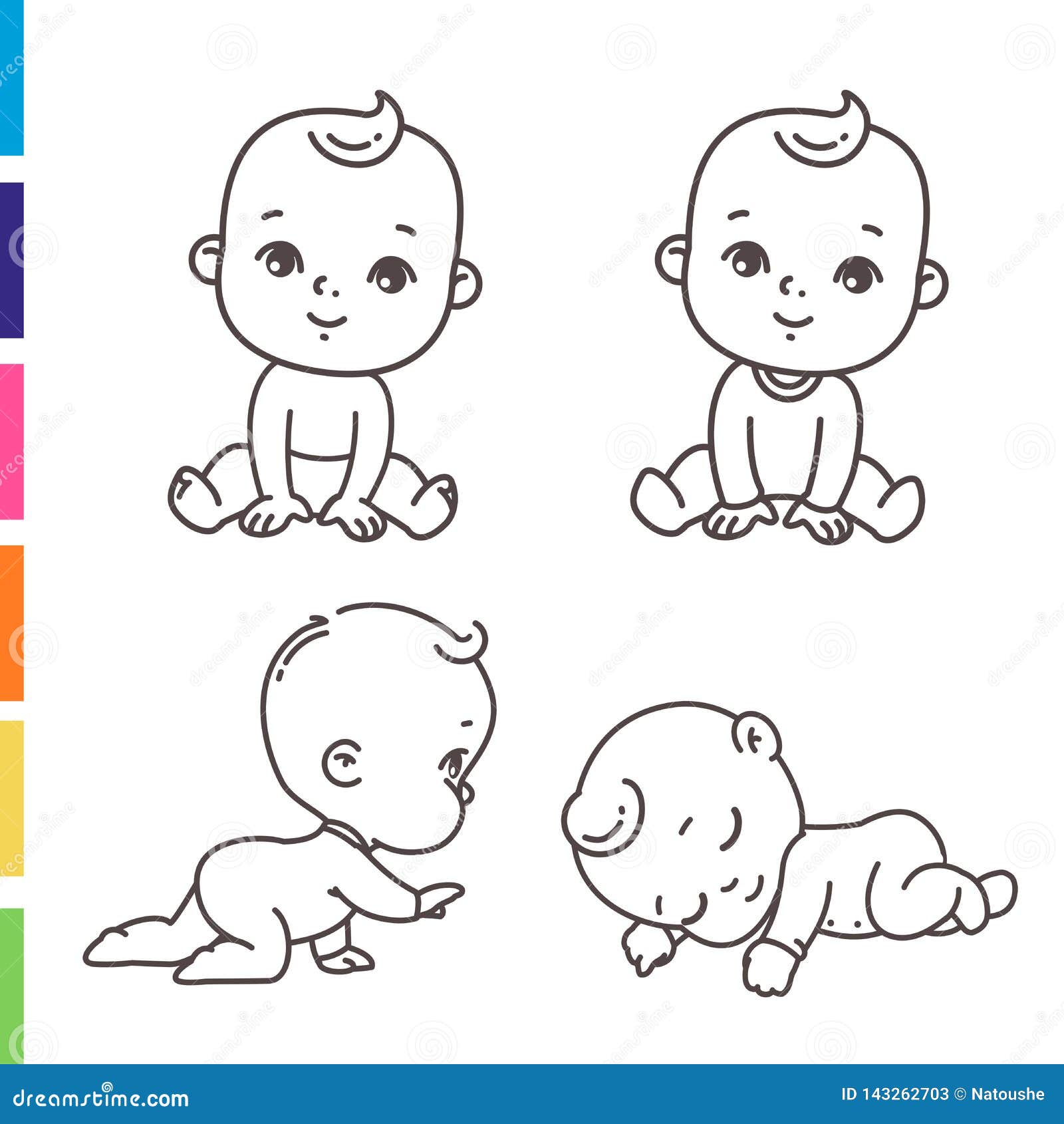 Cute Little Boy Icon Set. Coloring Page of Outline Stickers of Little