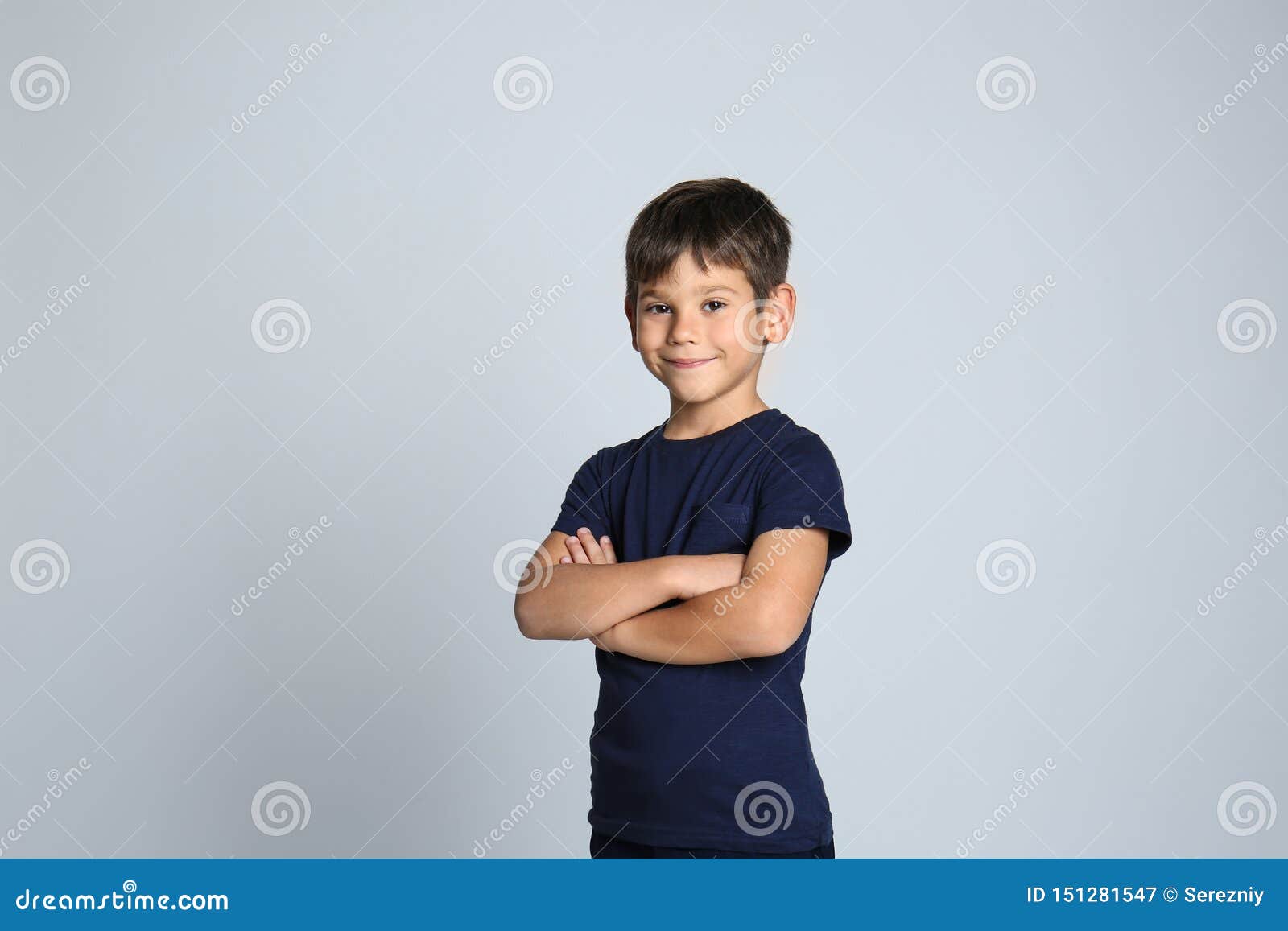 Cute Little Boy In Tshirt On Grey Background Stock Im