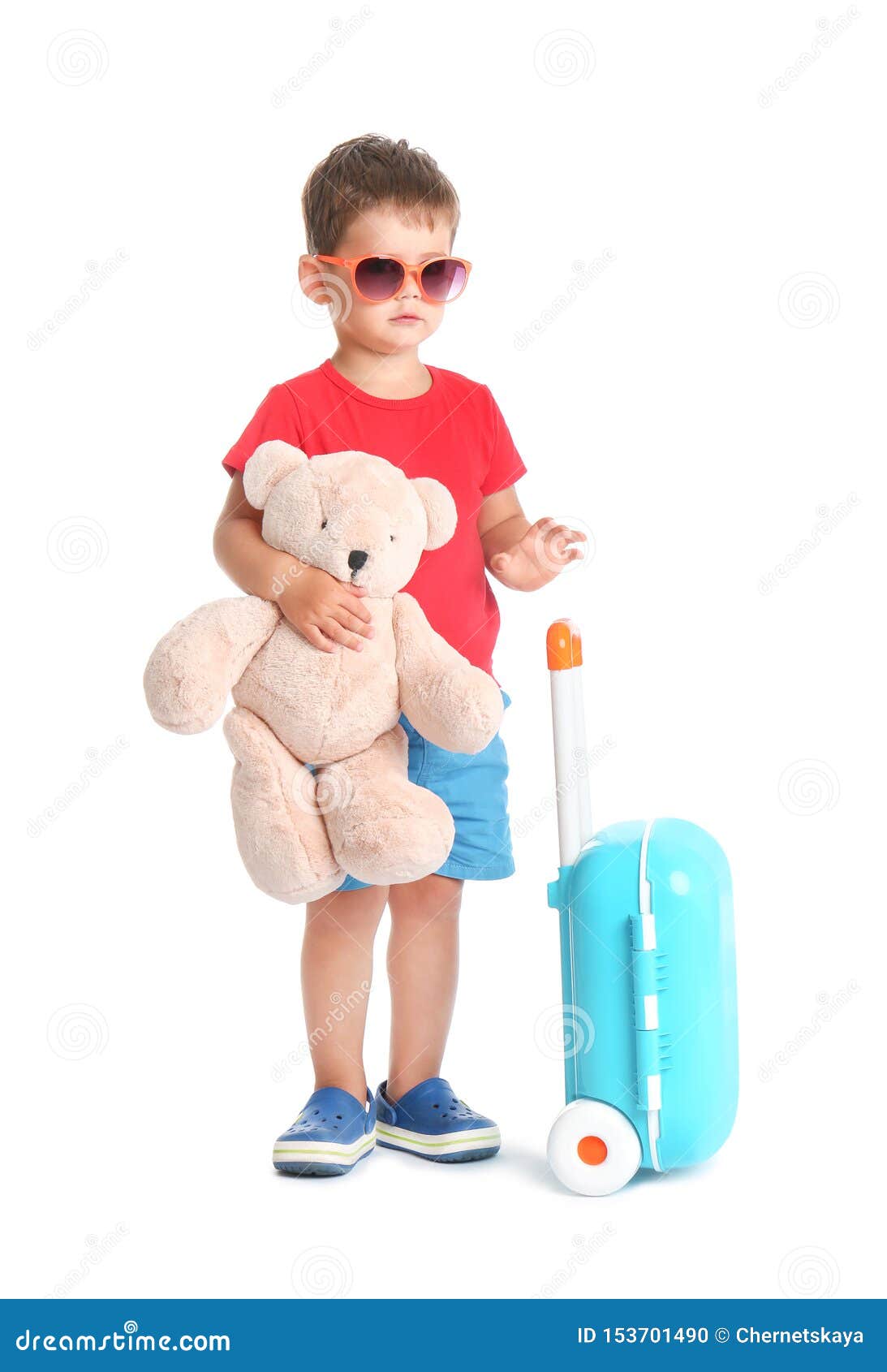 Cute Little Boy with Toy and Blue Suitcase Stock Photo Image of play