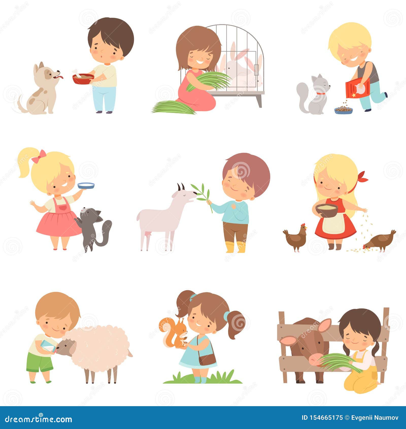 Cute Little Boys and Girls Feeding Animals Set, Adorable Kids Caring for  Wild and Domestic Animals Cartoon Vector Stock Vector - Illustration of  bone, domestic: 154665175