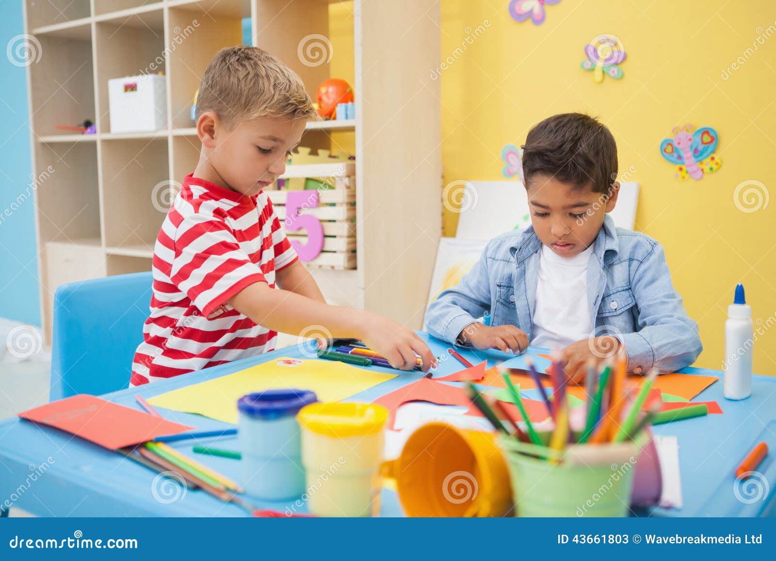 Cute Little Boys Making Art in Classroom Stock Image Image of