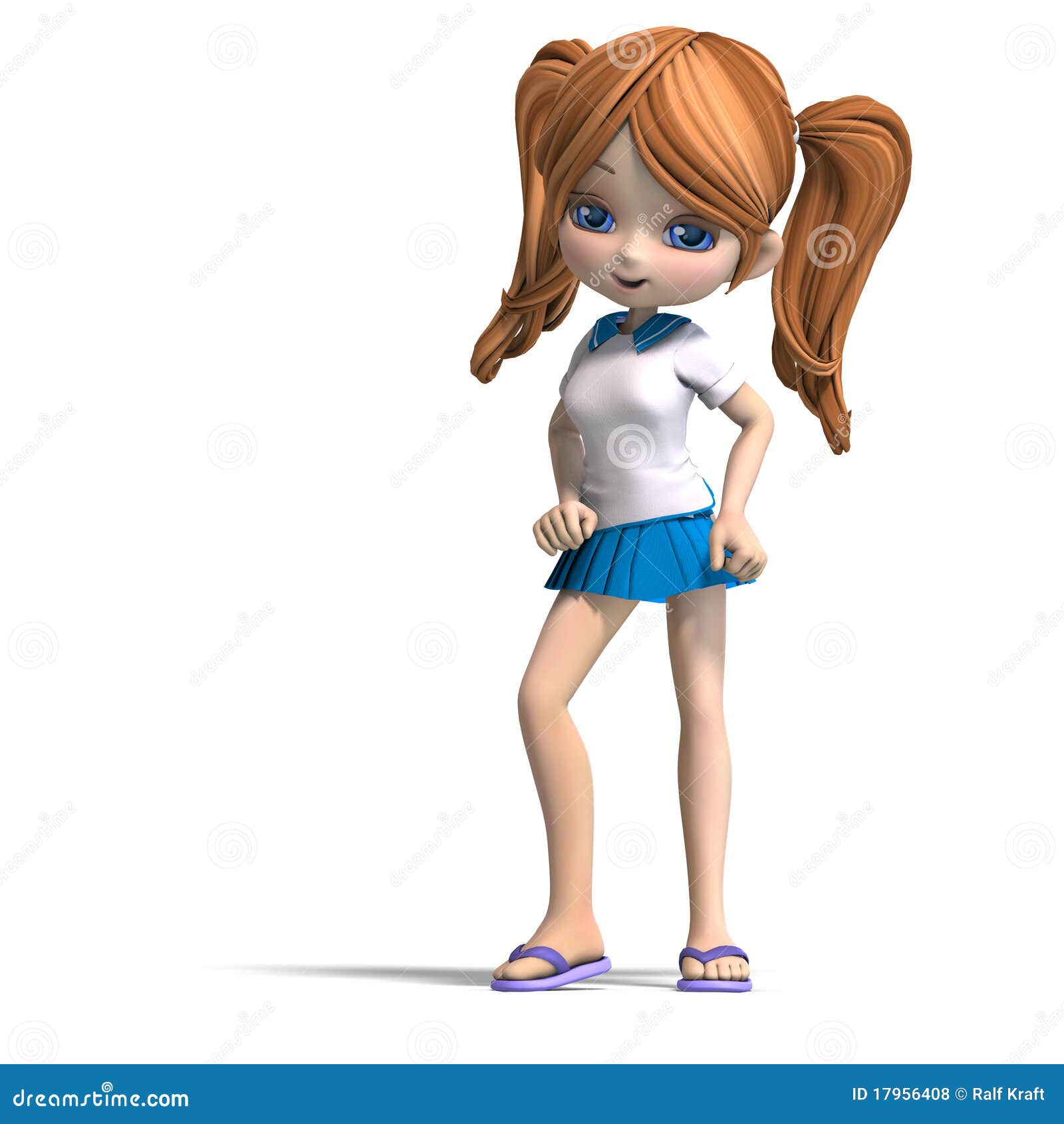 cute little cartoon school girl with pigtails