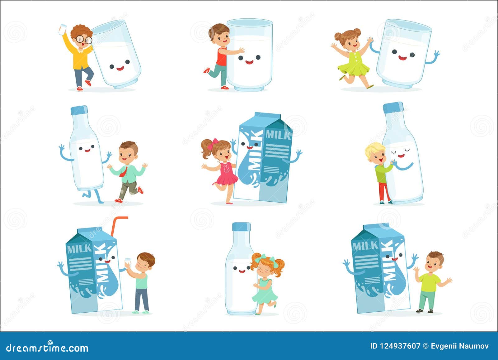 cute little children having fun and playing with large boxes, mugs and bottles of milk, set for label . colorful