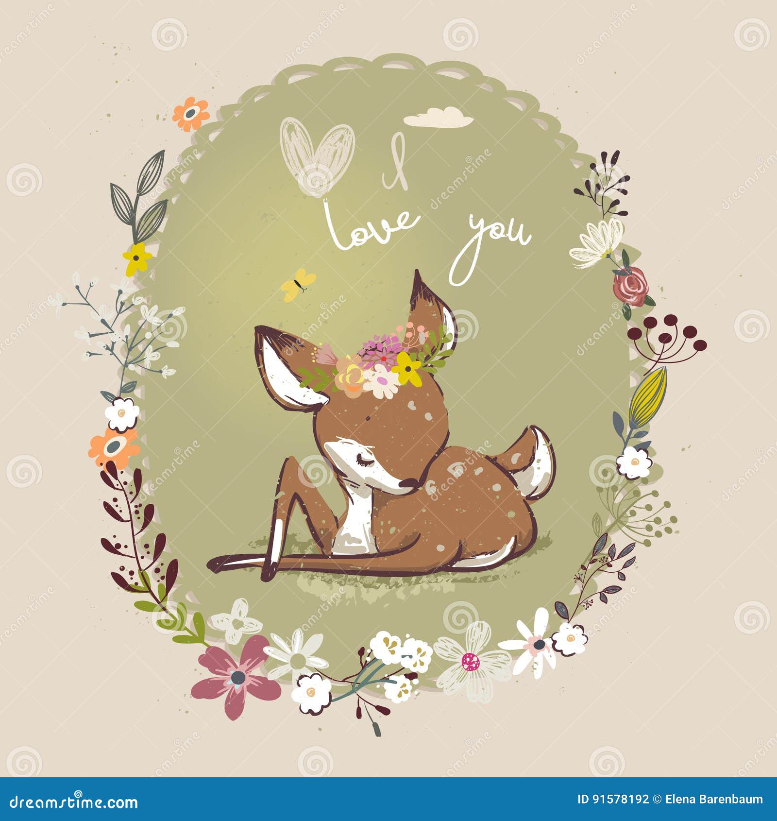 Cute Little Deer with Floral Wreath Stock Vector - Illustration of ...