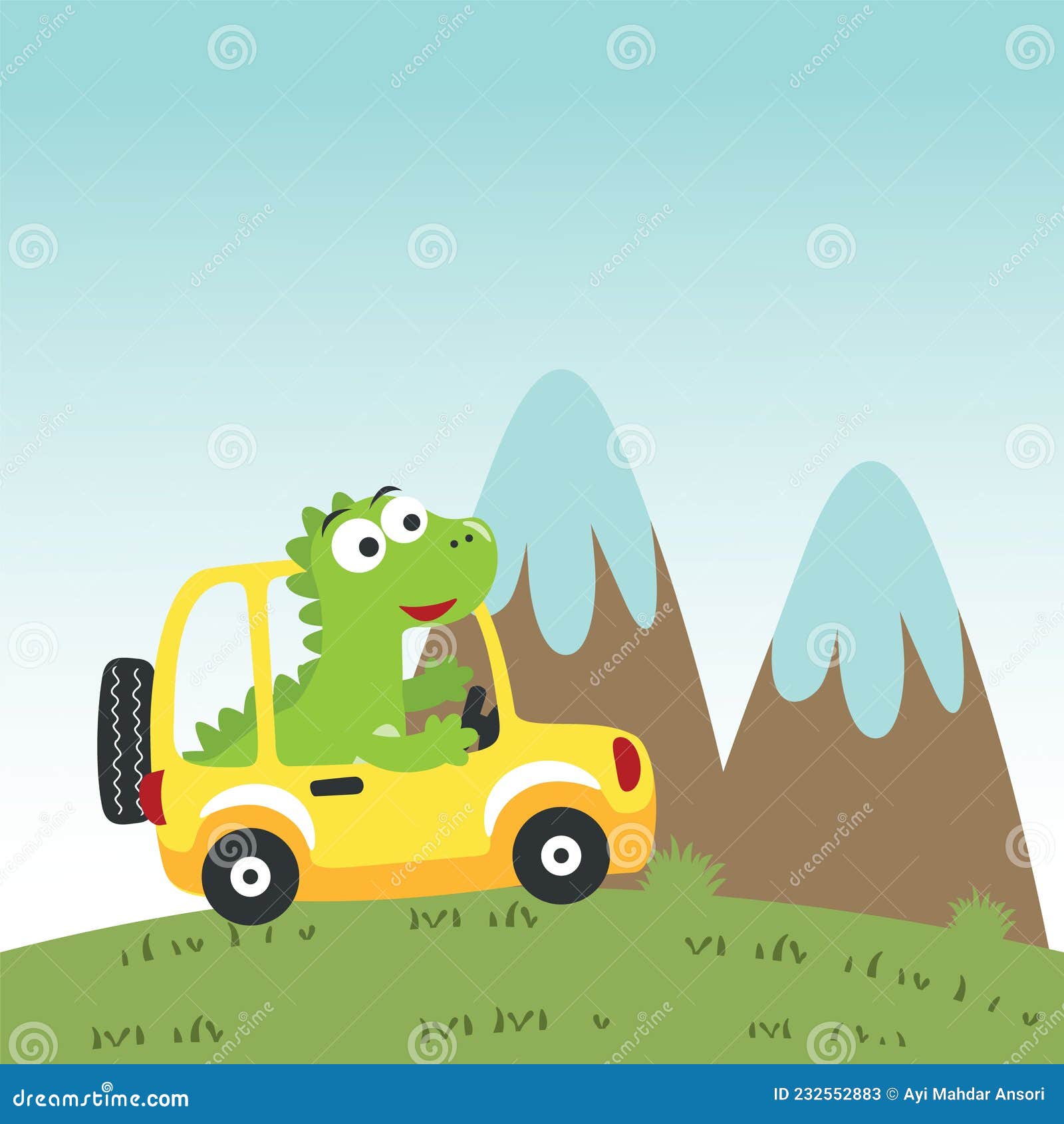 Cute Little Dinosaur Driving a Car Go To Forest Funny Animal Cartoon.  Creative Vector Childish Background for Fabric, Textile, Stock Vector -  Illustration of card, giraffe: 232552883