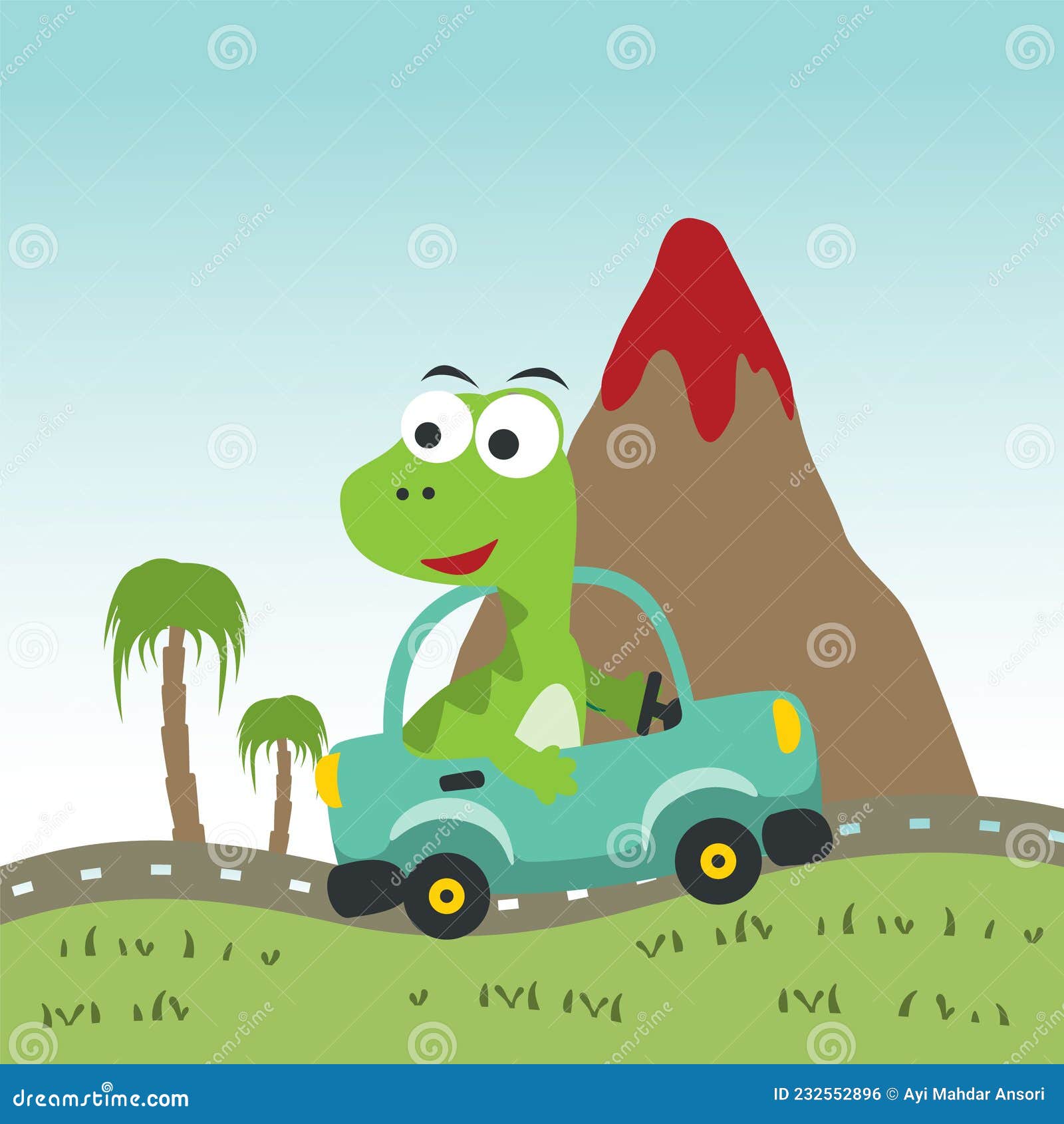 Cute Little Dinosaur Driving a Car Go To Forest Funny Animal Cartoon.  Creative Vector Childish Background for Fabric, Textile, Stock Vector -  Illustration of cheerful, graphic: 232552896