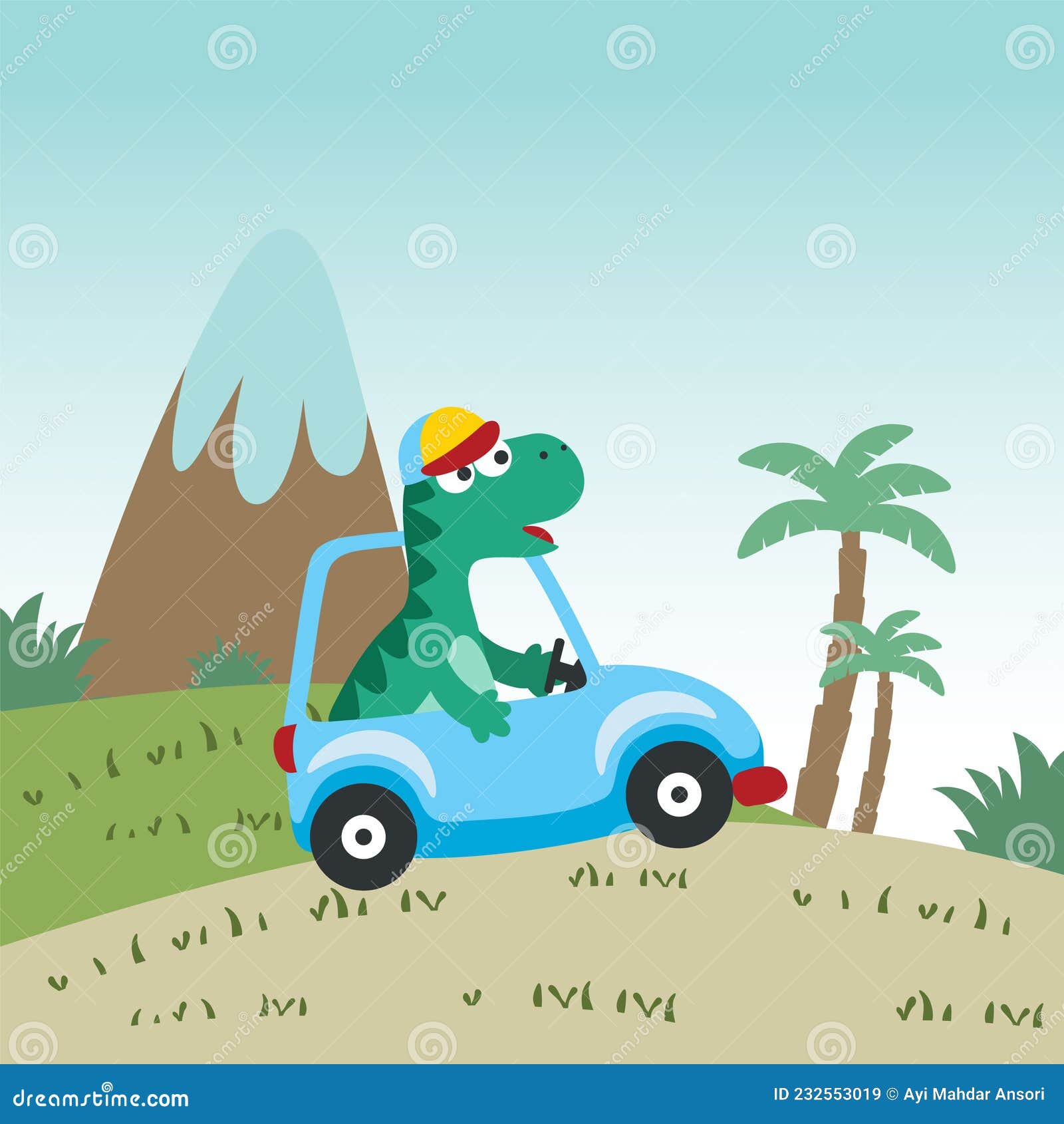 Cute Little Dinosaur Driving a Car Go To Forest Funny Animal Cartoon.  Creative Vector Childish Background for Fabric, Textile, Stock Vector -  Illustration of giraffe, kids: 232553019
