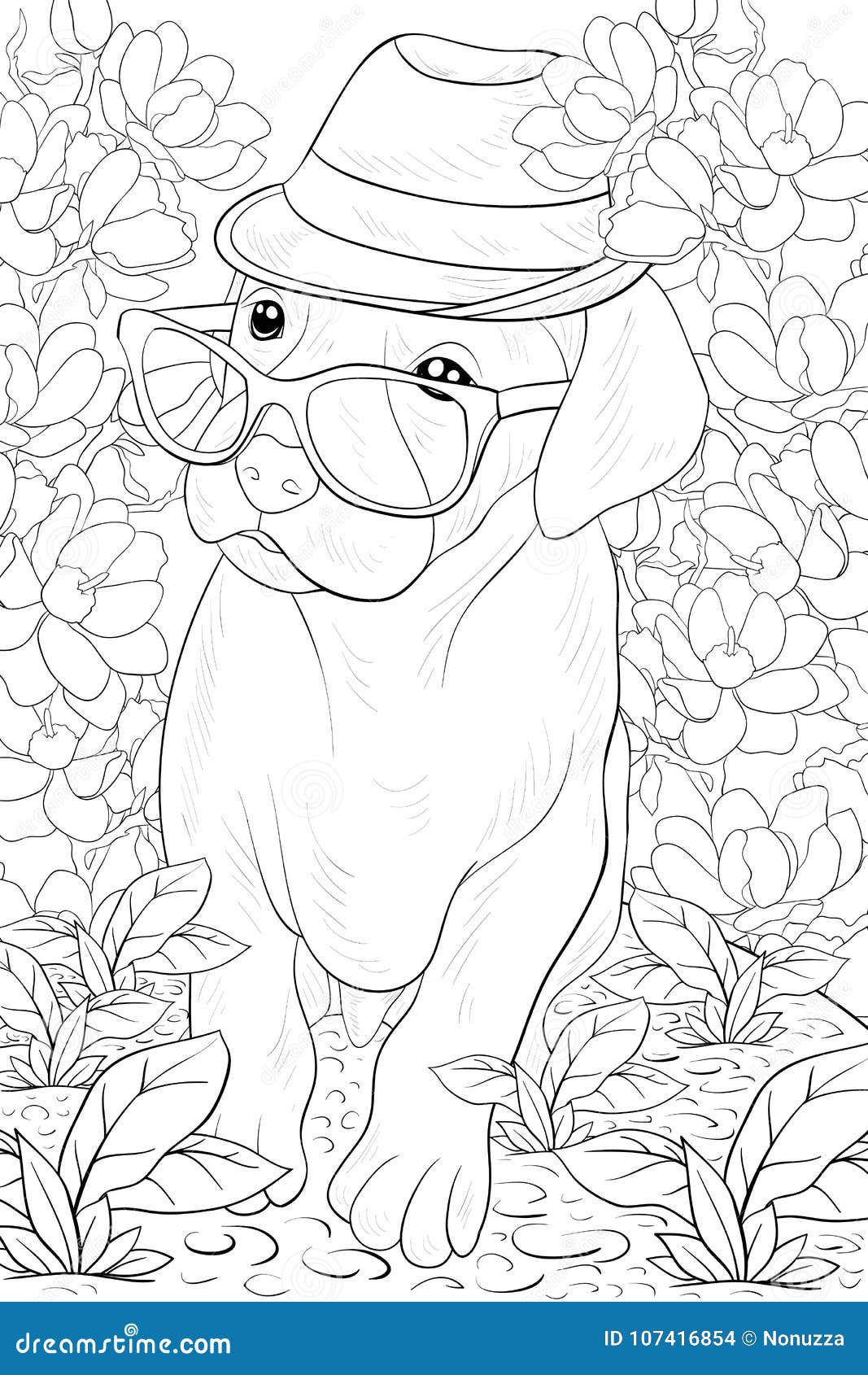 Adult Coloring Page A Cute Little Dog With Glasses And Hat ...