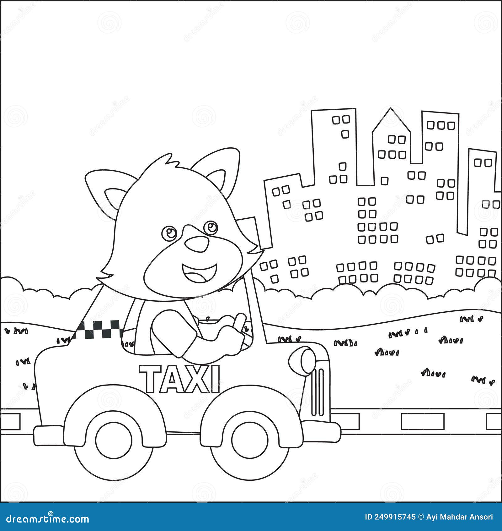 cute little fox driving a taxy go to downtown, funny animal cartoon,  trendy children graphic with line art  hand drawing