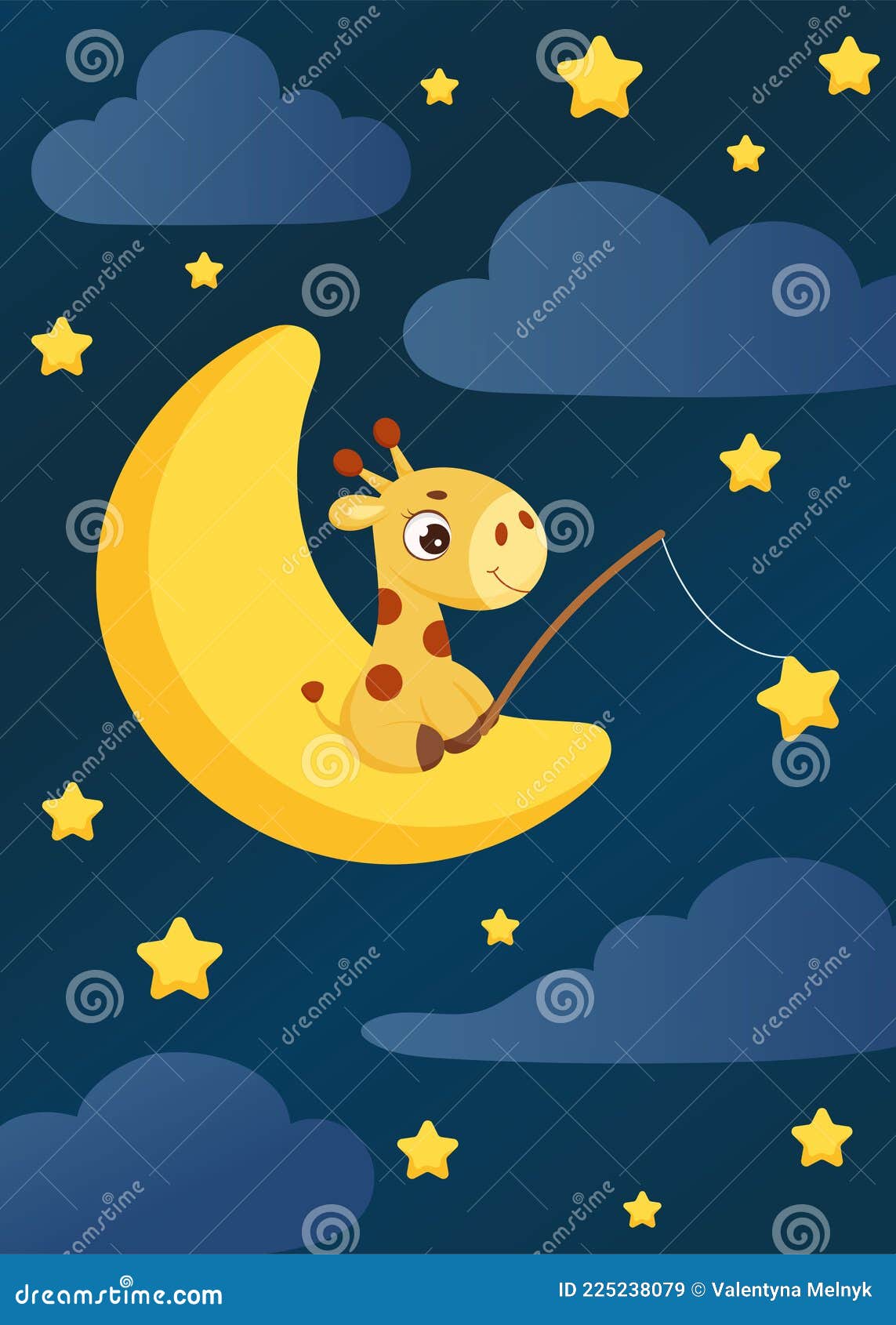 Cute Little Giraffe Sitting on Moon with Fishing Rod Catches Stars. Cartoon  Character for Kids Room Decoration, Nursery Art, Stock Vector -  Illustration of african, cute: 225238079