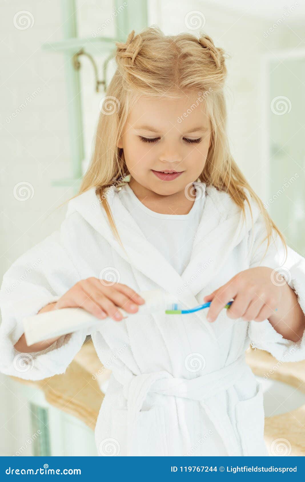 Cute Little Girl in Bathrobe Stock Photo Image of home, cute 119767244