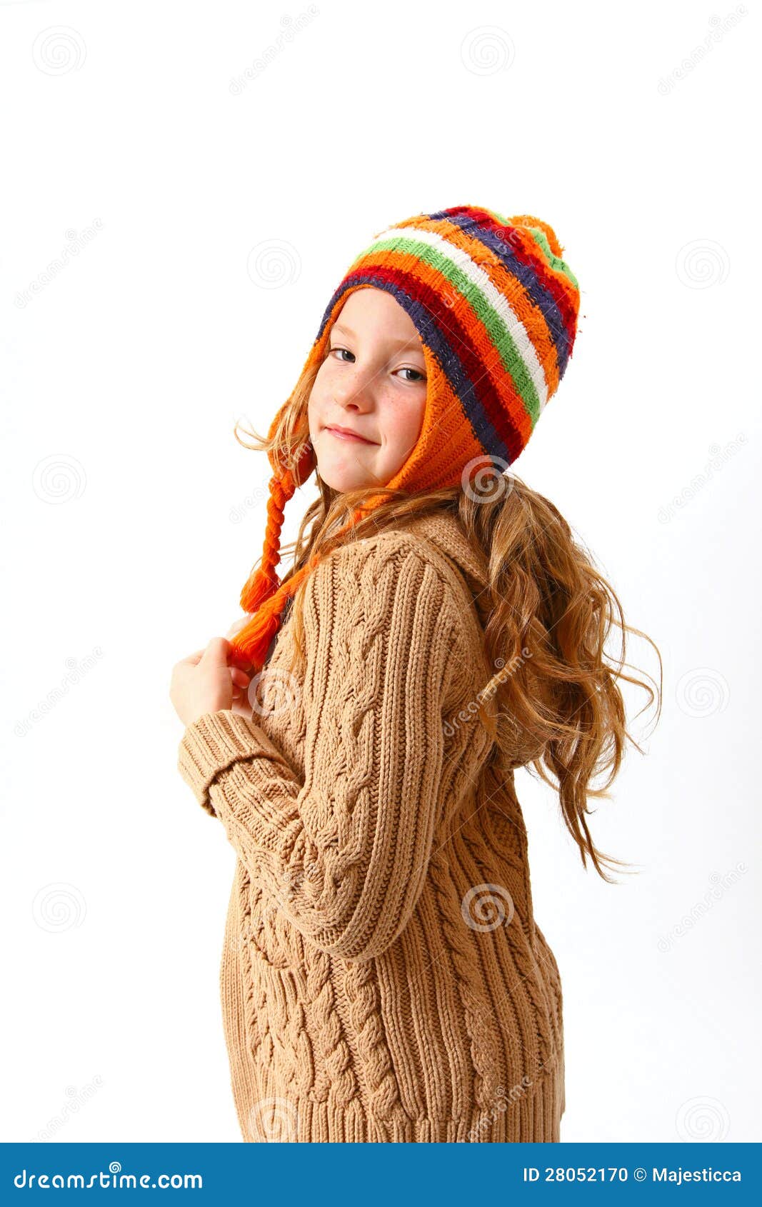 Cute Little Girl in Cozy Clothes Isolated on White Background Stock ...