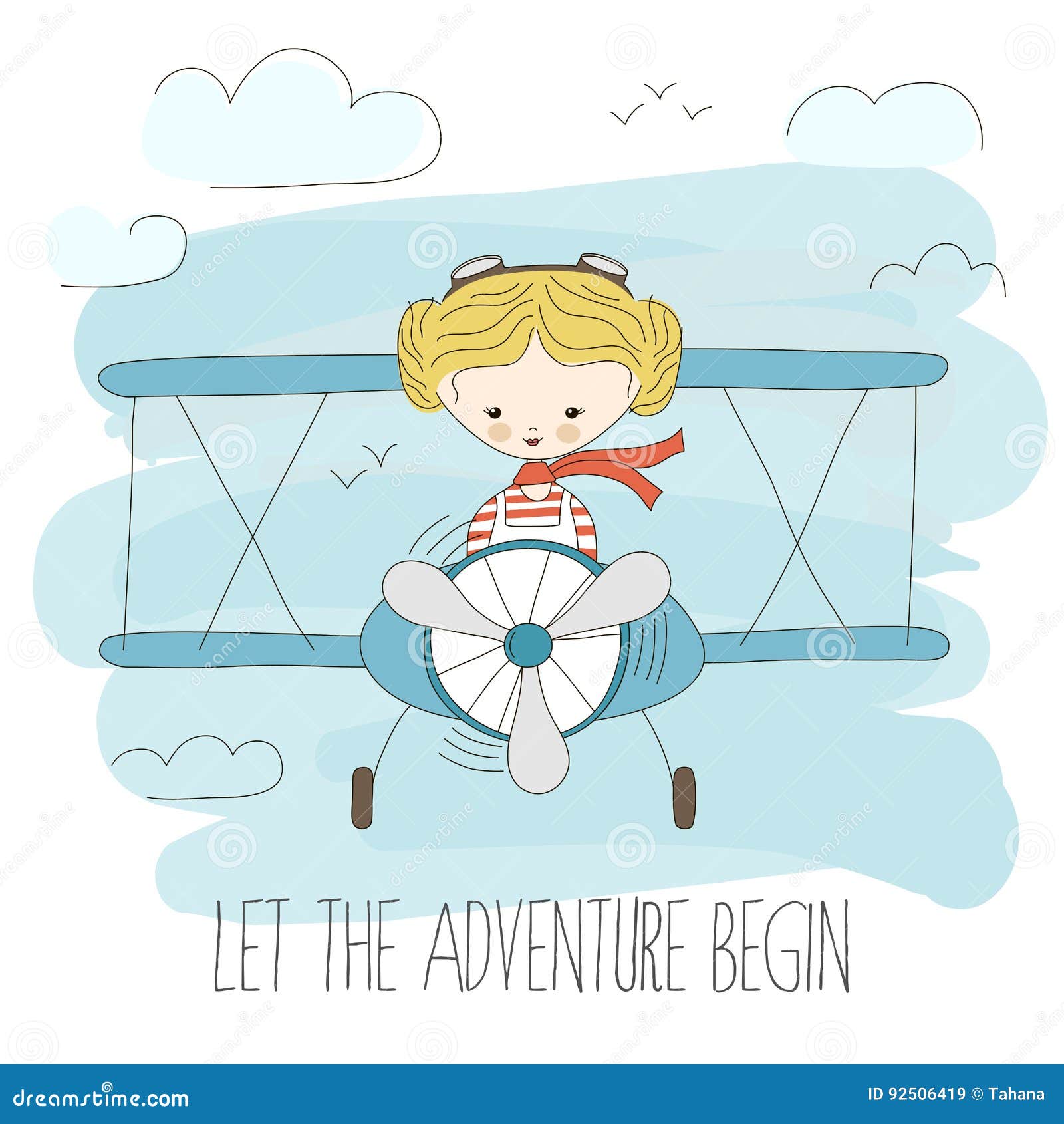 Cute Little Girl Flying a Plane on Sky. Hand Drawn Cartoon Vector  Illustration. Let the Adventure Begin Stock Vector - Illustration of  aircraft, cartoon: 92506419