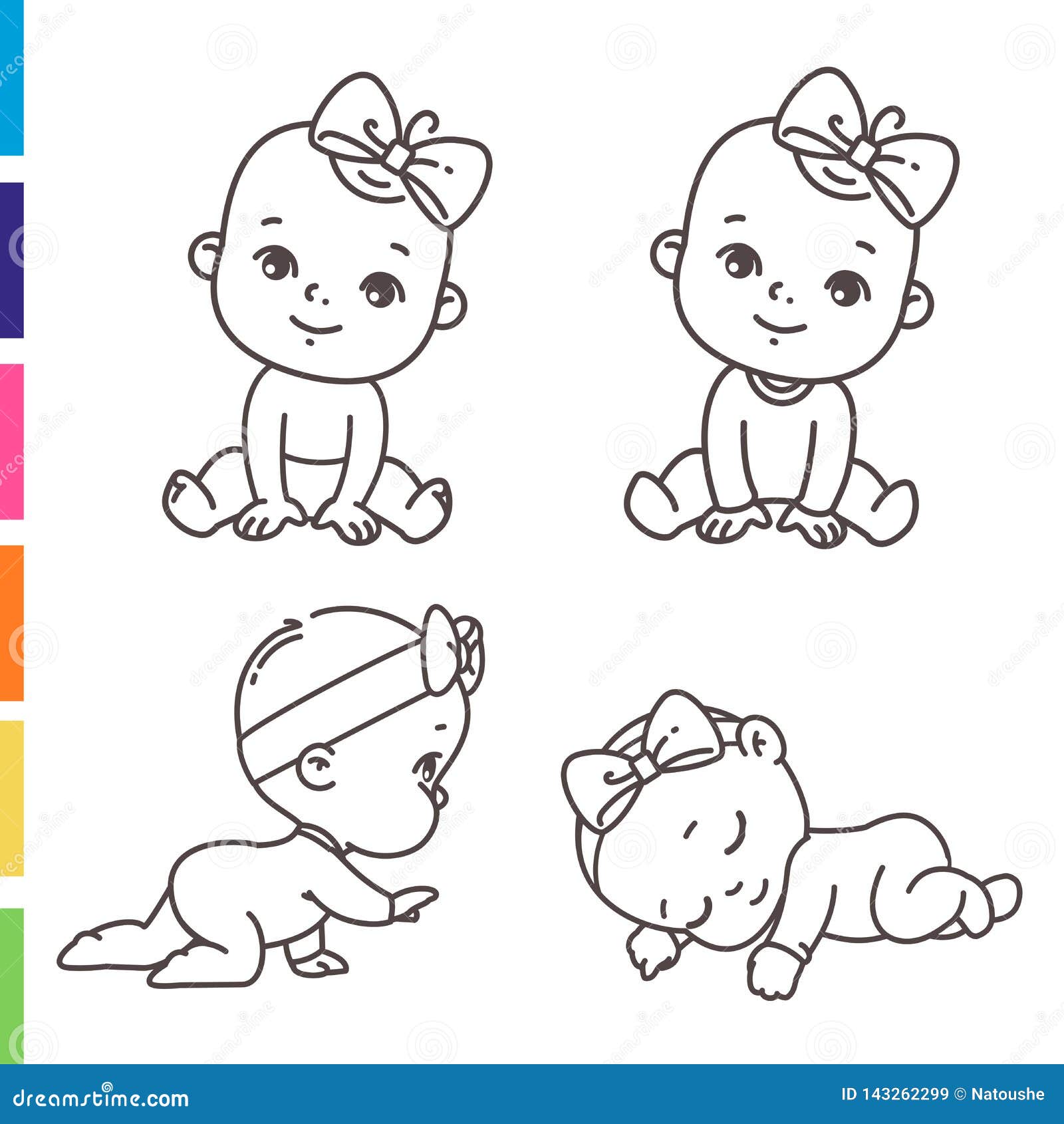 Download Cute Little Girl Icon Set. Coloring Page Of Outline Stickers Of Little Baby Stock Vector ...