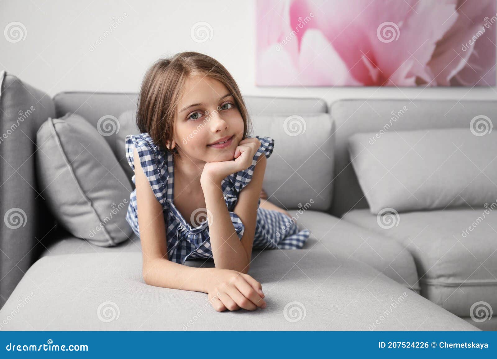 Cute Little Girl Lying on Sofa in Room Stock Photo Image of fashion