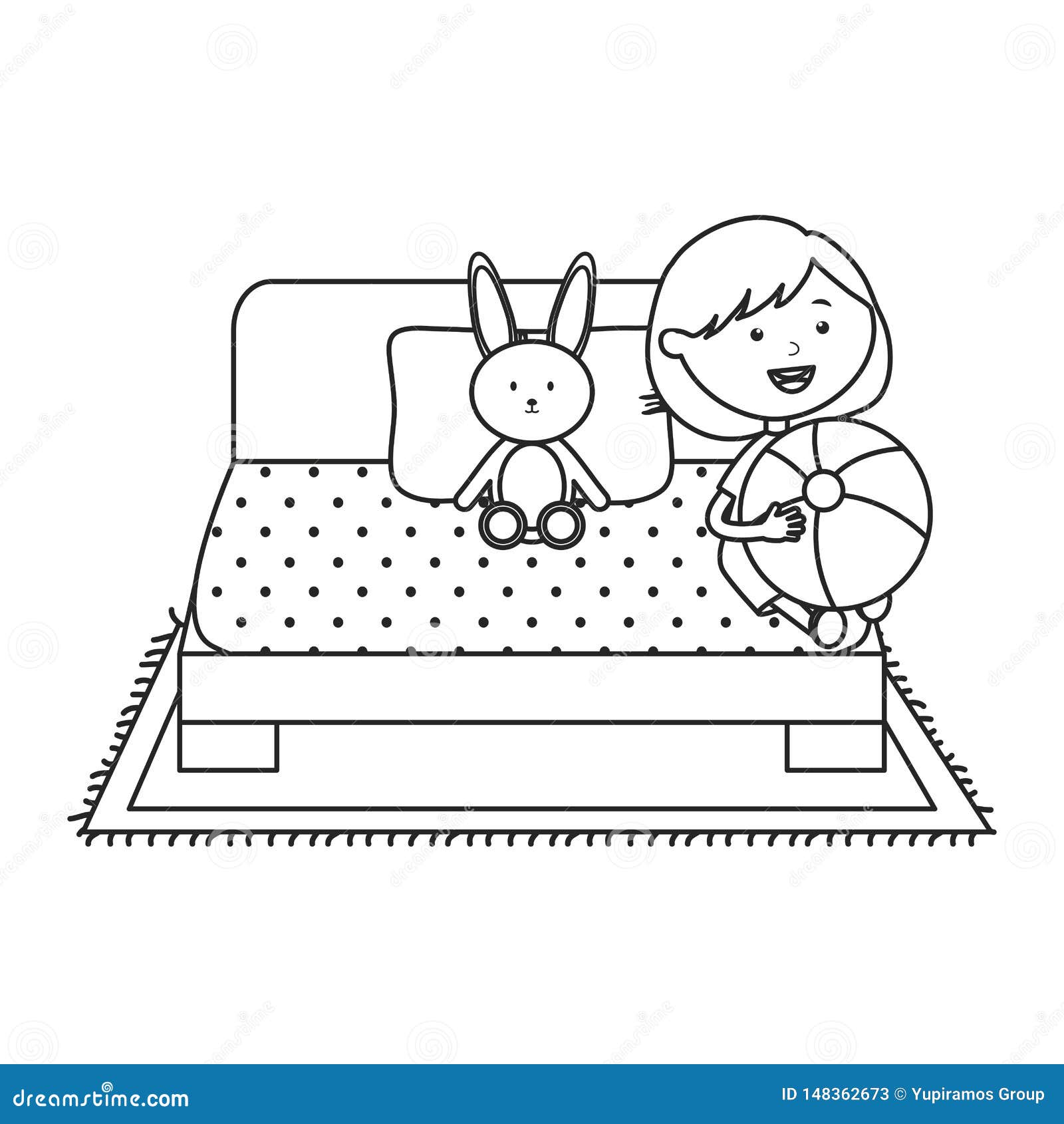 Cute Little Girl with Plastic Balloon and Rabbit in the Bed Stock ...