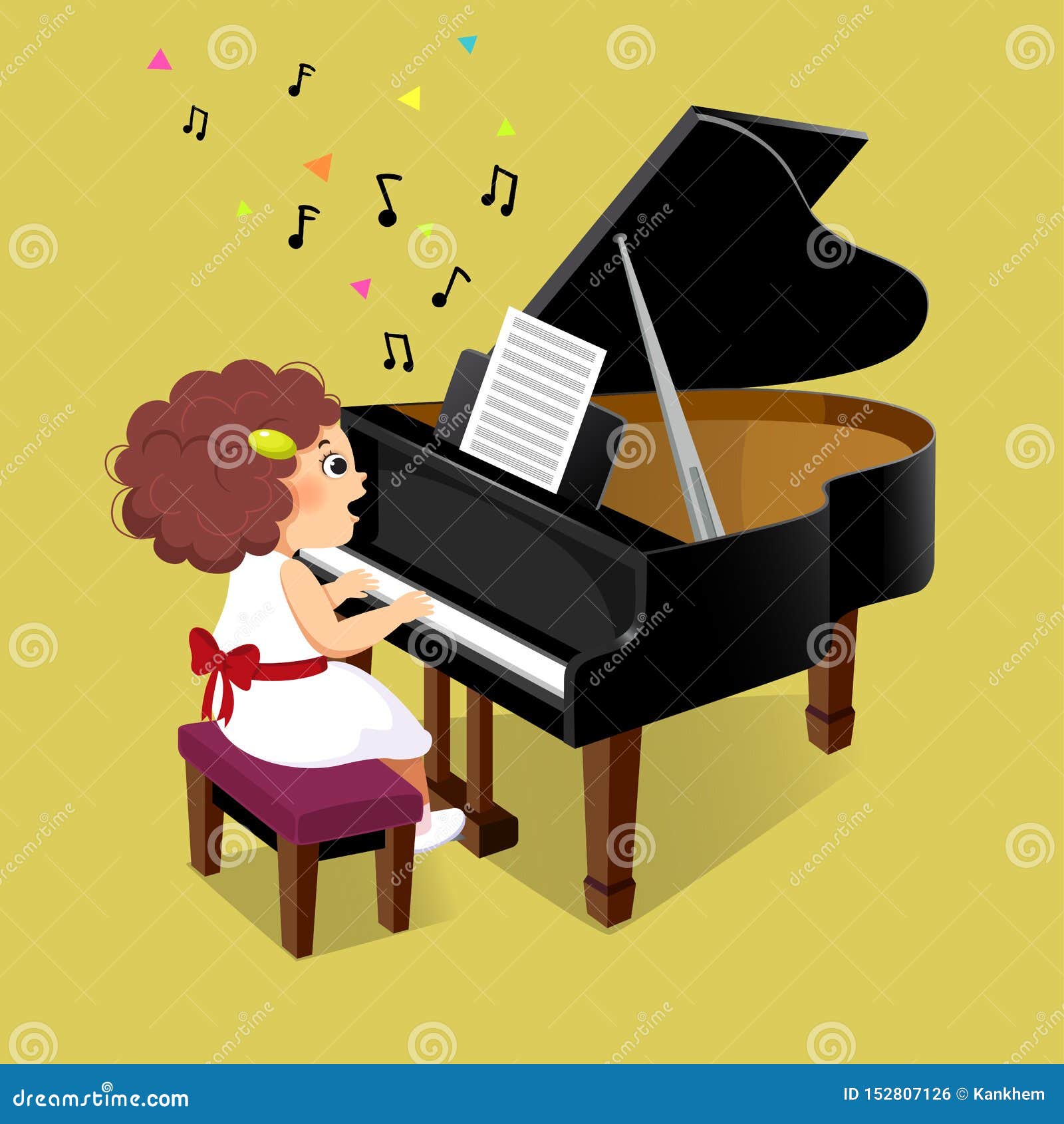 Cute Little Girl Playing The Grand Piano On Yellow Background Vector
