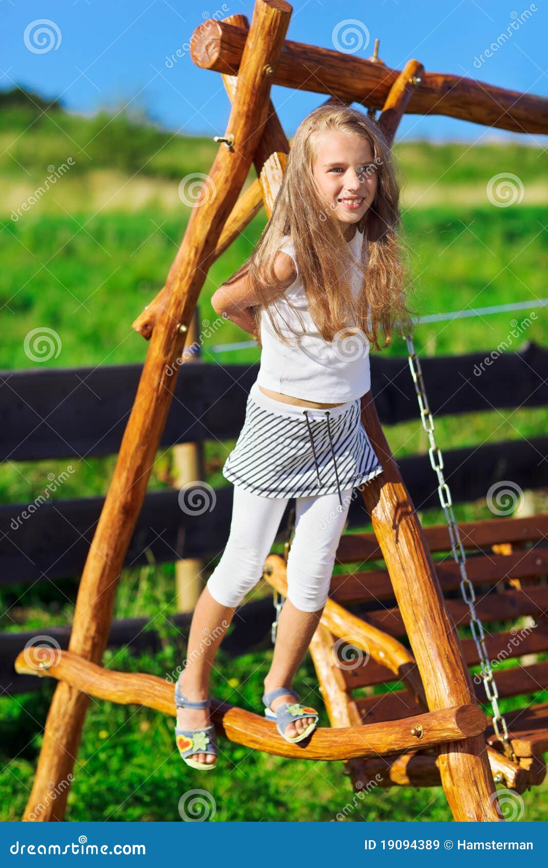 Cute Little Girl Playing on Wooden Chain Swing Stock Image - Image of ...