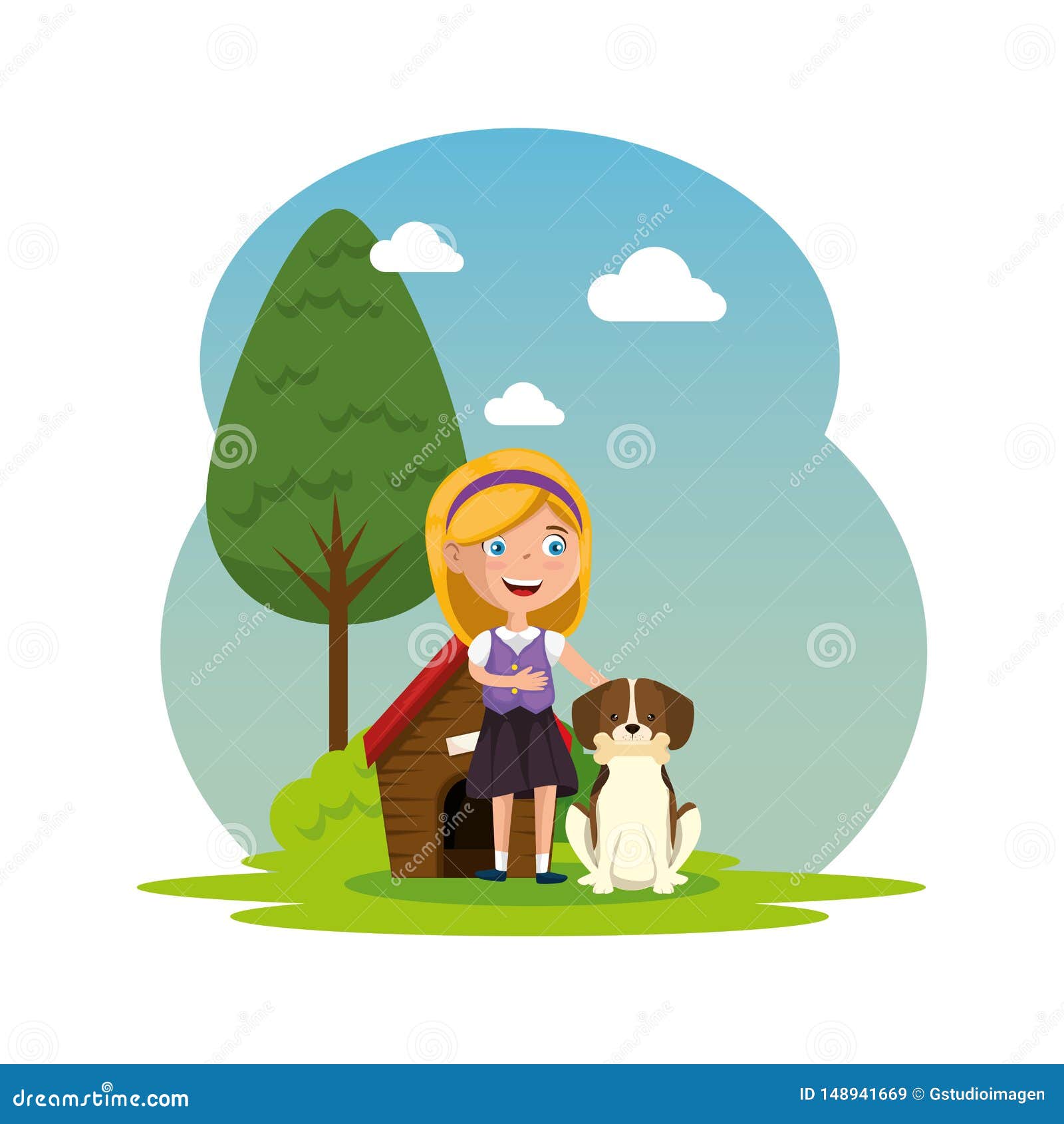 Cute Little Girl with Puppy and Wooden House in the Camp Stock ...