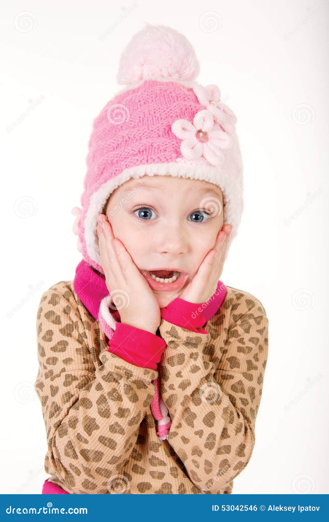 Cute Little Girl in Red Hat Holding Hands To Face in Surprise Stock ...