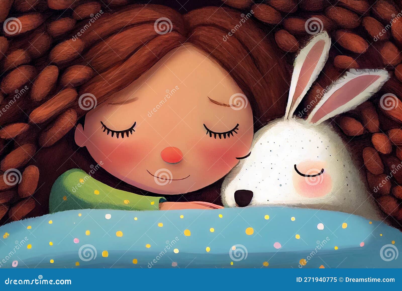 Cute Little Girl Sleeping in the Bed with Toy White Rabbit. Children S