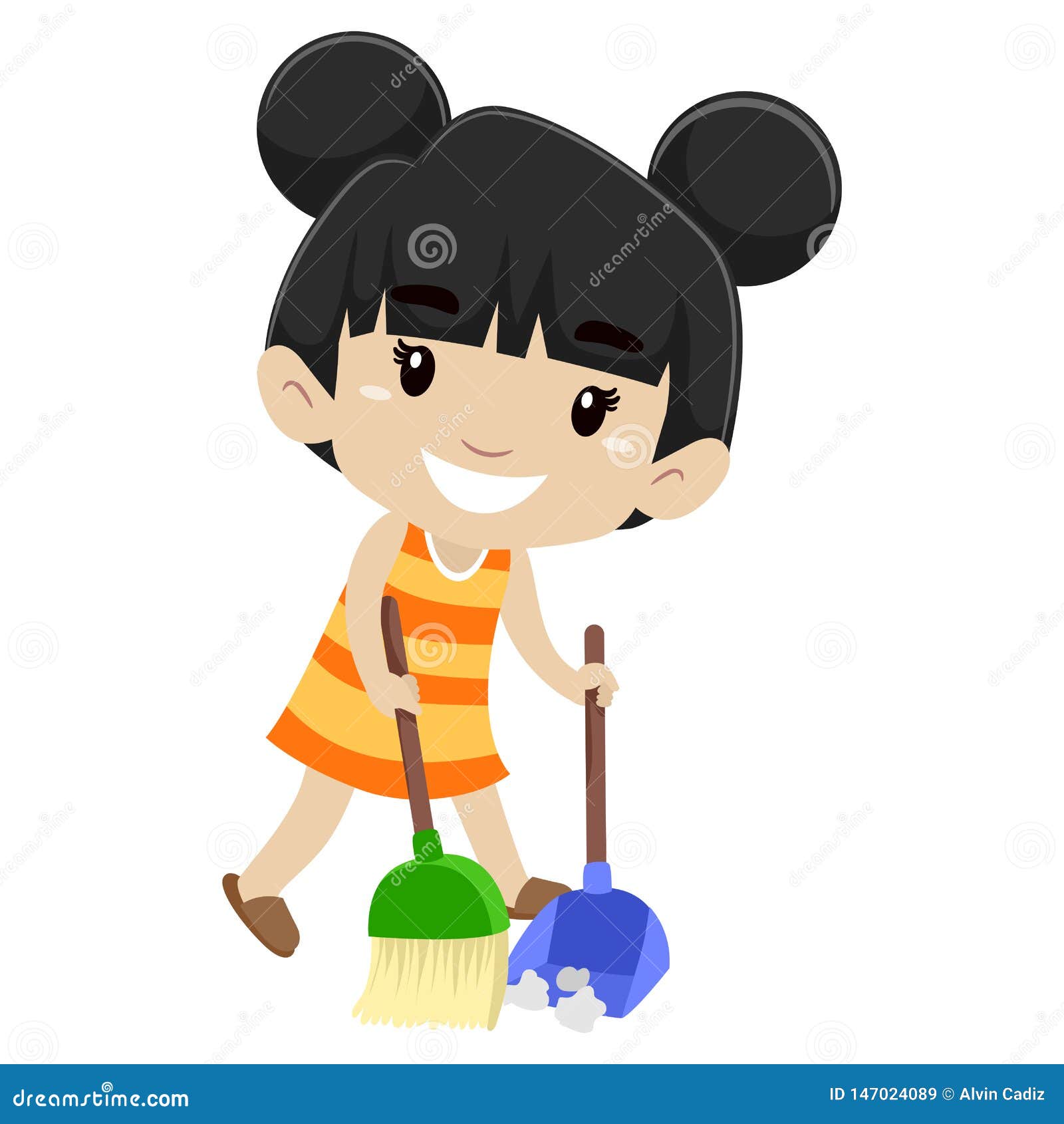 Vector Illustration Of A Little Girl Sweeping The Floor Stock