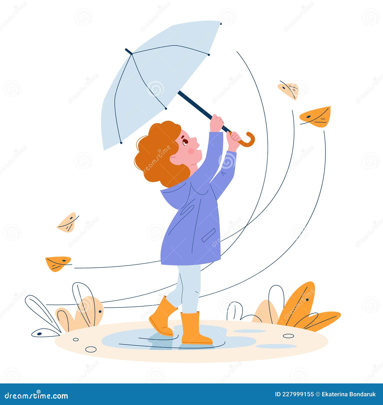 Cute Little Girl with Umbrella in Rubber Boots. Windy Weather