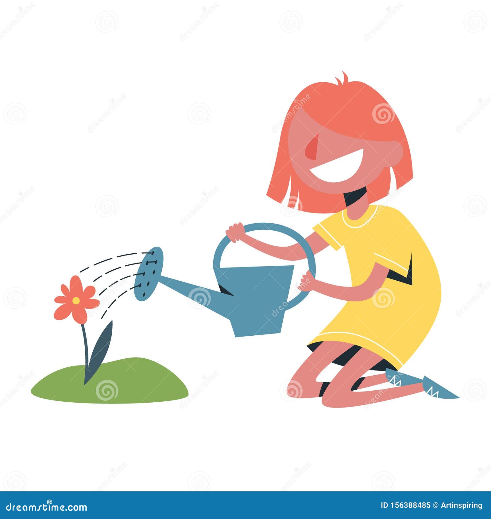 Cute Little Girl Water a Flower Using Watering Can Stock Vector Illustration of education