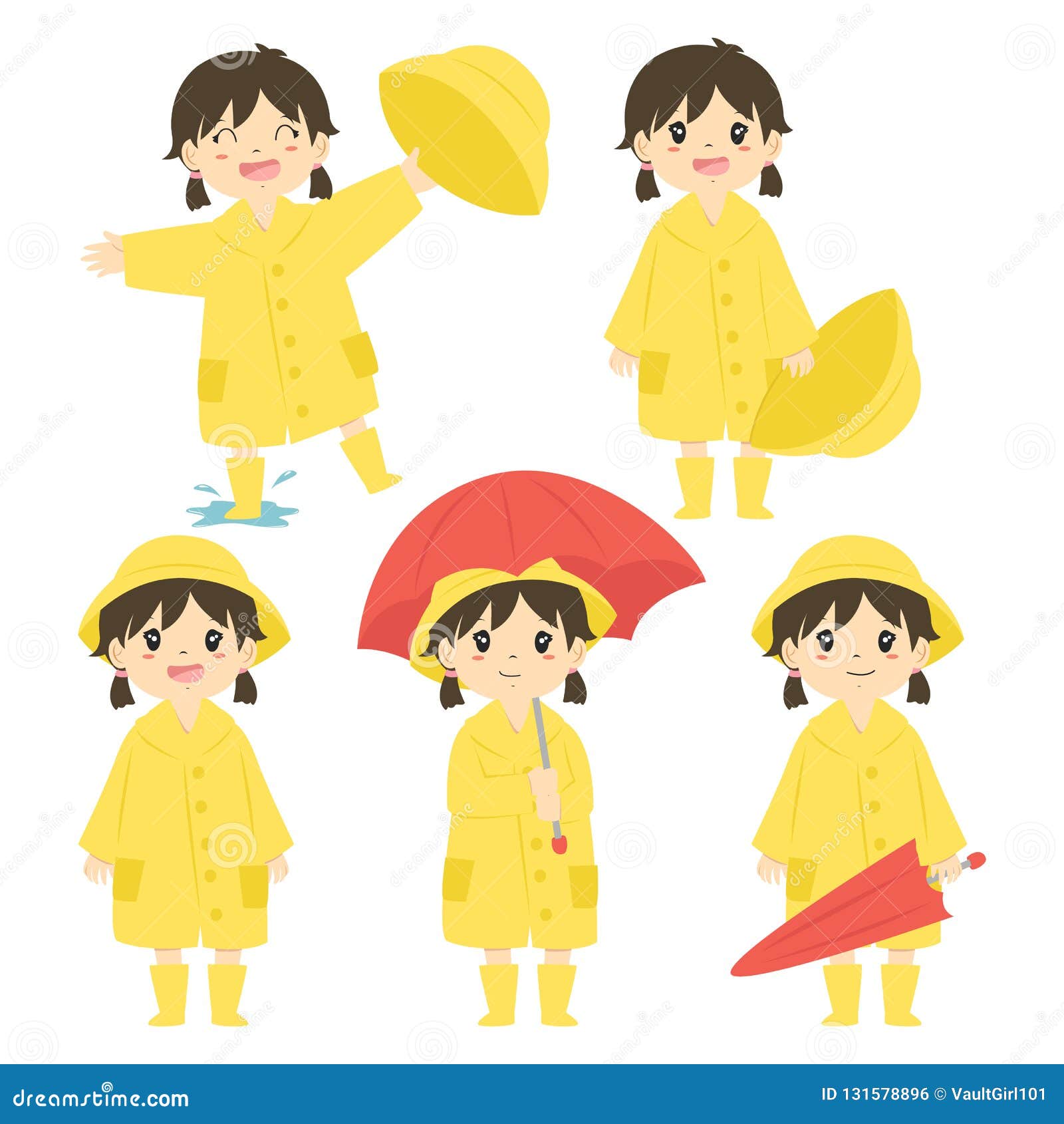 Cute Little Girl in Yellow Raincoat Vector Set Stock Vector ...