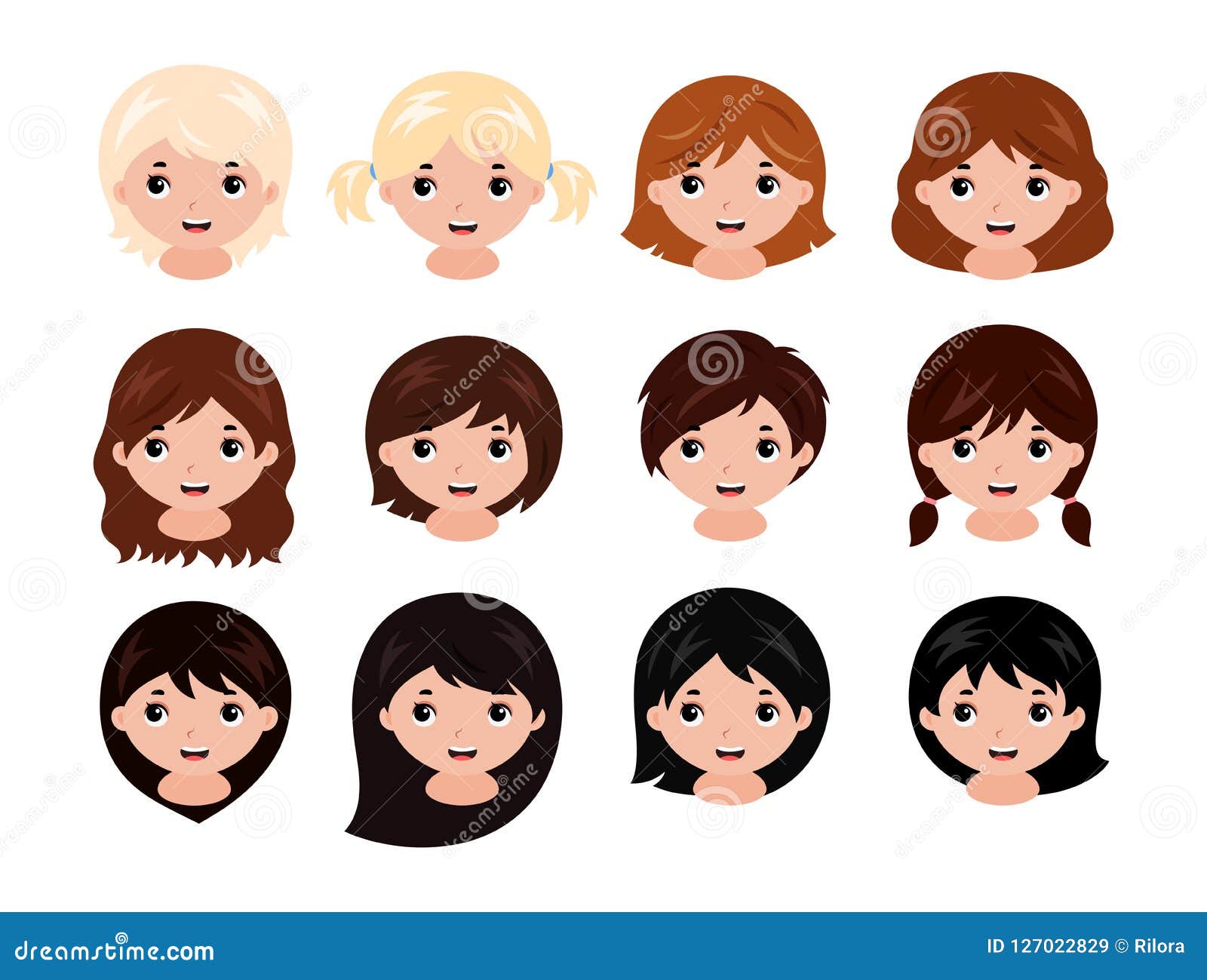 Cute Little Girls Head with Different Hairstyles and Hair Colors from Blonde To Black. Vector. Stock Vector - Illustration of isolated, cartoon: 127022829 Cute Little Girls Head with Different Hairstyles and Hair Colors from Blonde To Black. Vector. Stock Vector - Illustration of isolated, cartoon: 127022829