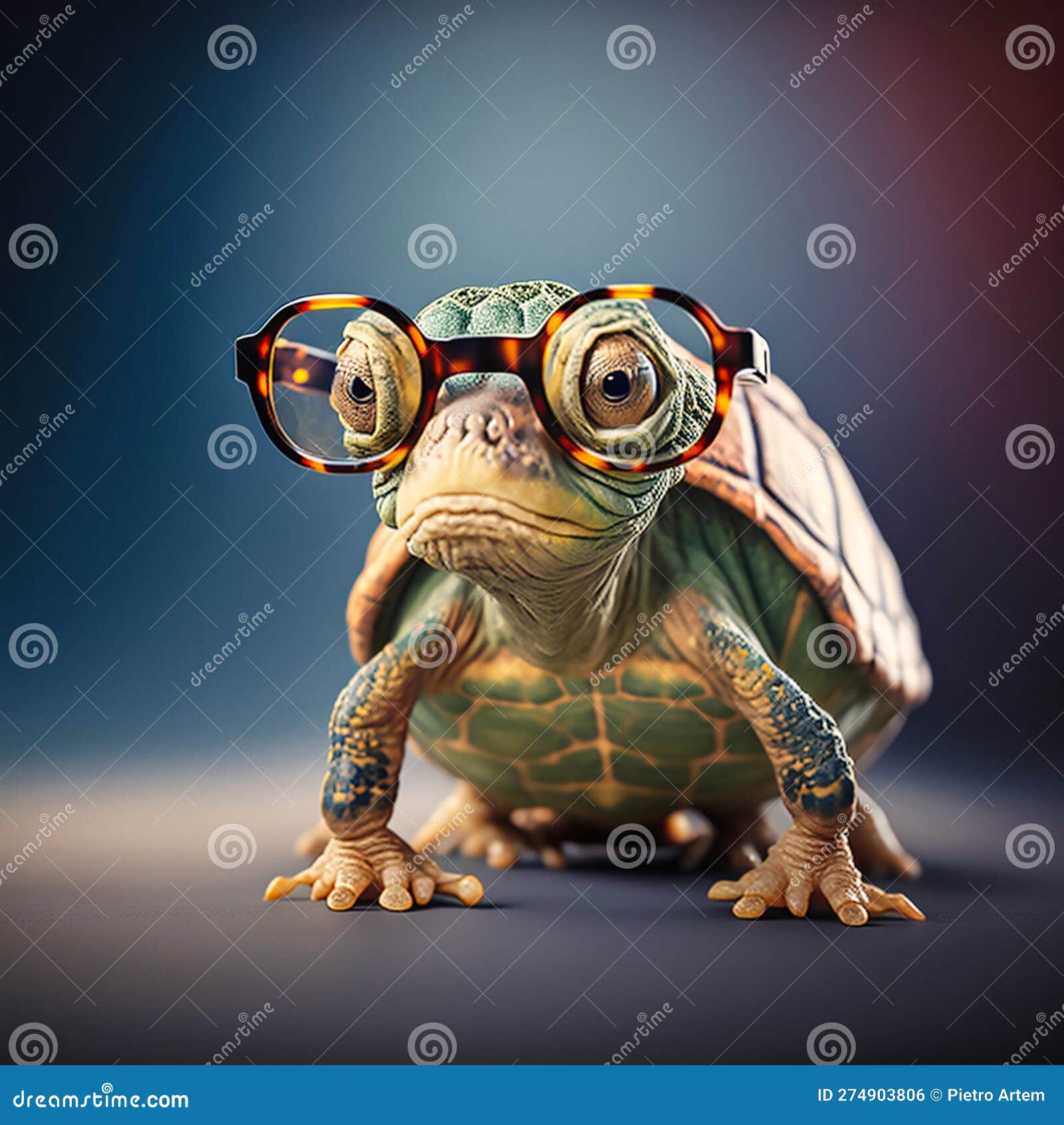Cute Little Green Turtle with Glasses in Front, Generative AI Stock