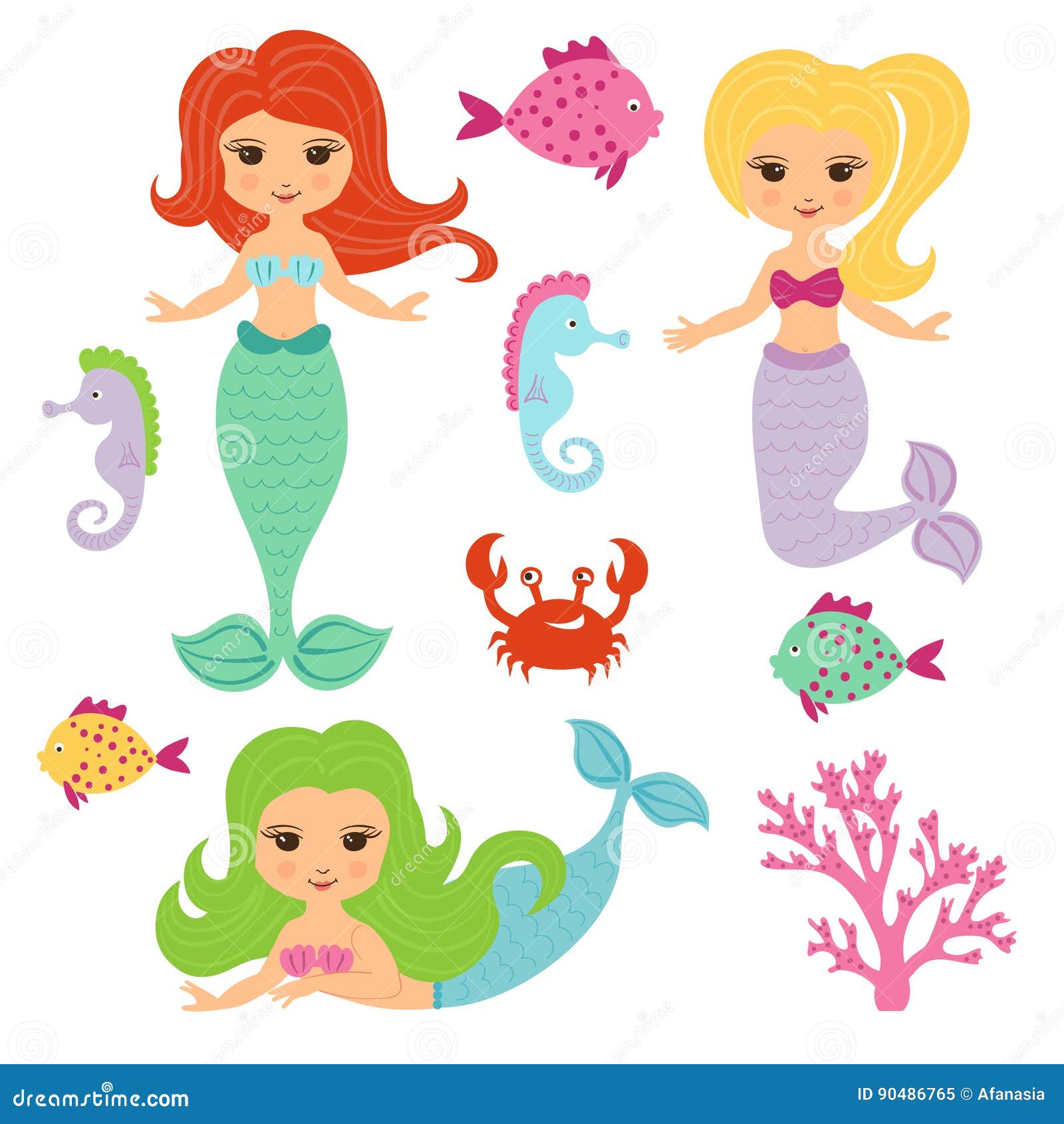 Cute Little Mermaid Girls Set. Stock Vector - Illustration of color ...