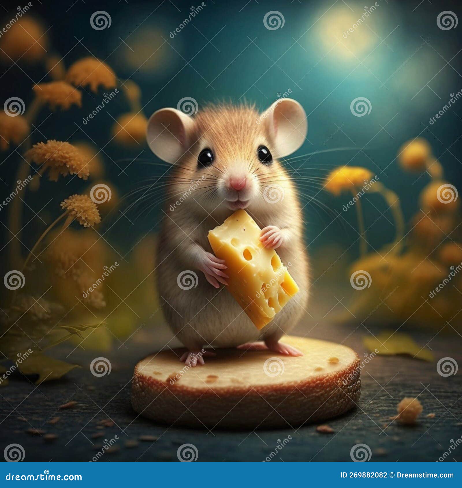 Cute Little Mouse Eating Cheese, AI Generated Stock Illustration