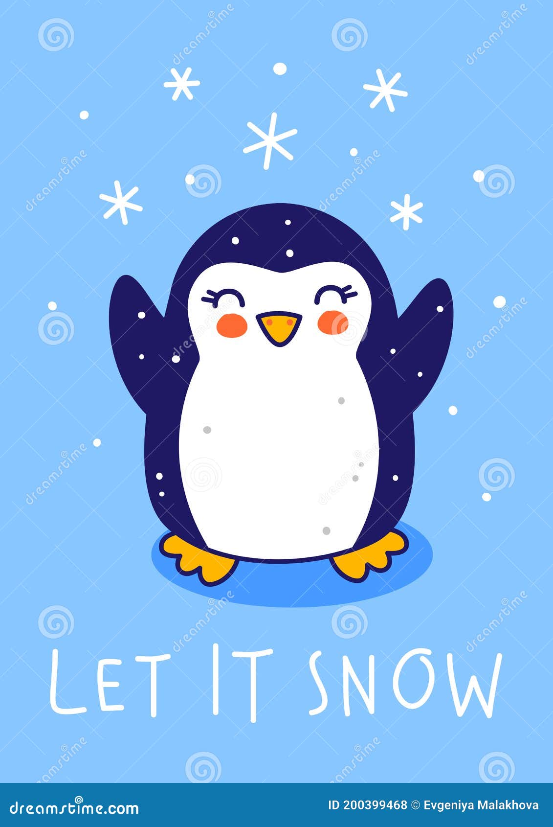 Cute Little Penguin with Snow on Blue Background - Cartoon Character for  Funny Christmas and New Year Winter Greeting Card and Stock Vector -  Illustration of wildlife, pole: 200399468