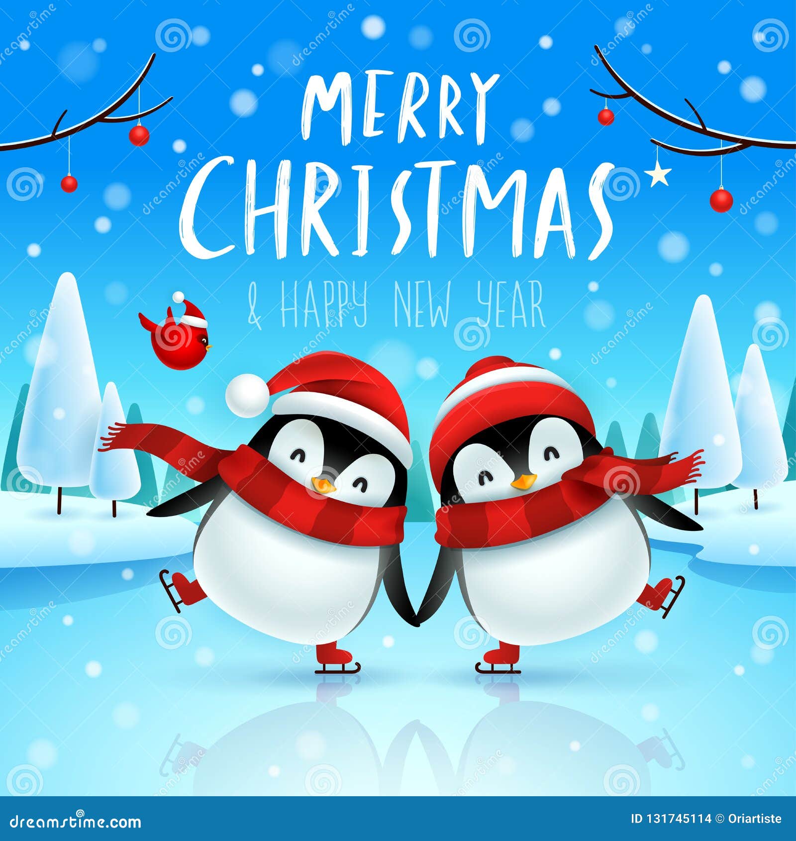 Cute Little Penguins Skate on Frozen River in Christmas Snow Scene ...
