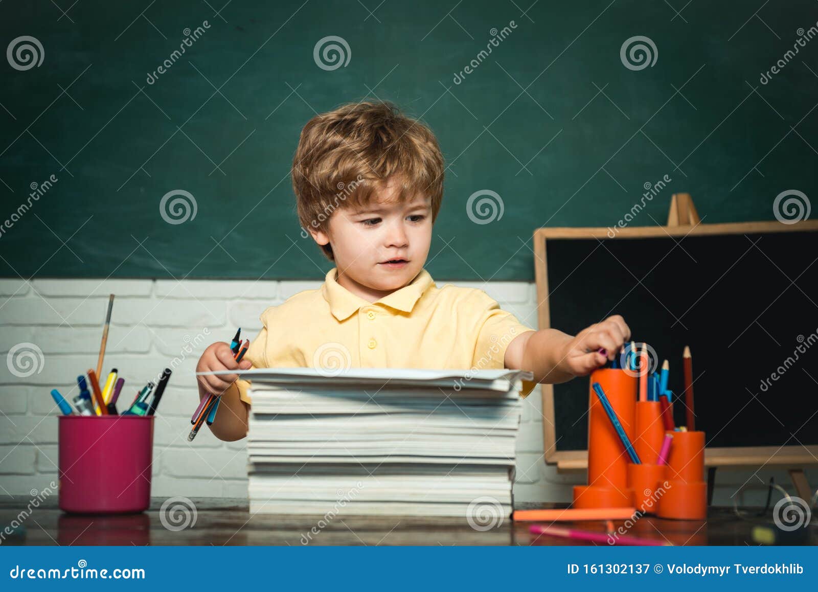Cute Little Preschool Kid Boy Study in a Classroom. Funny Little ...