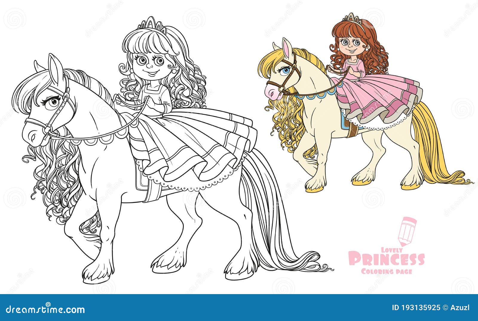 Cute Little Princess Riding on a White Horse Color and Outlined ...