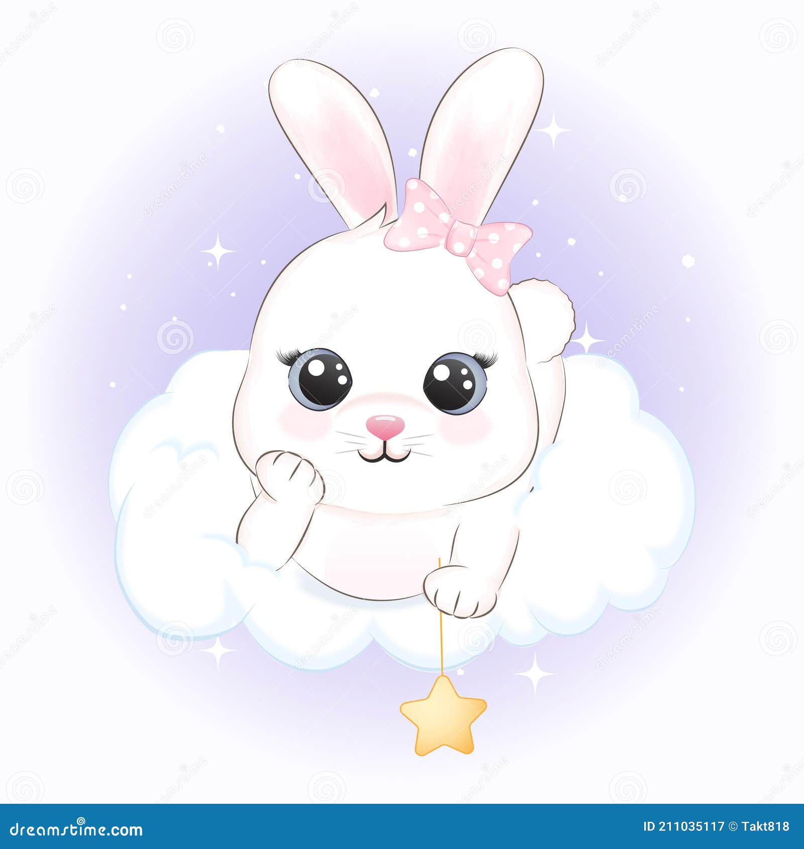 Cute Little Rabbit on the Cloud Cartoon Animal Watercolor Illustration ...