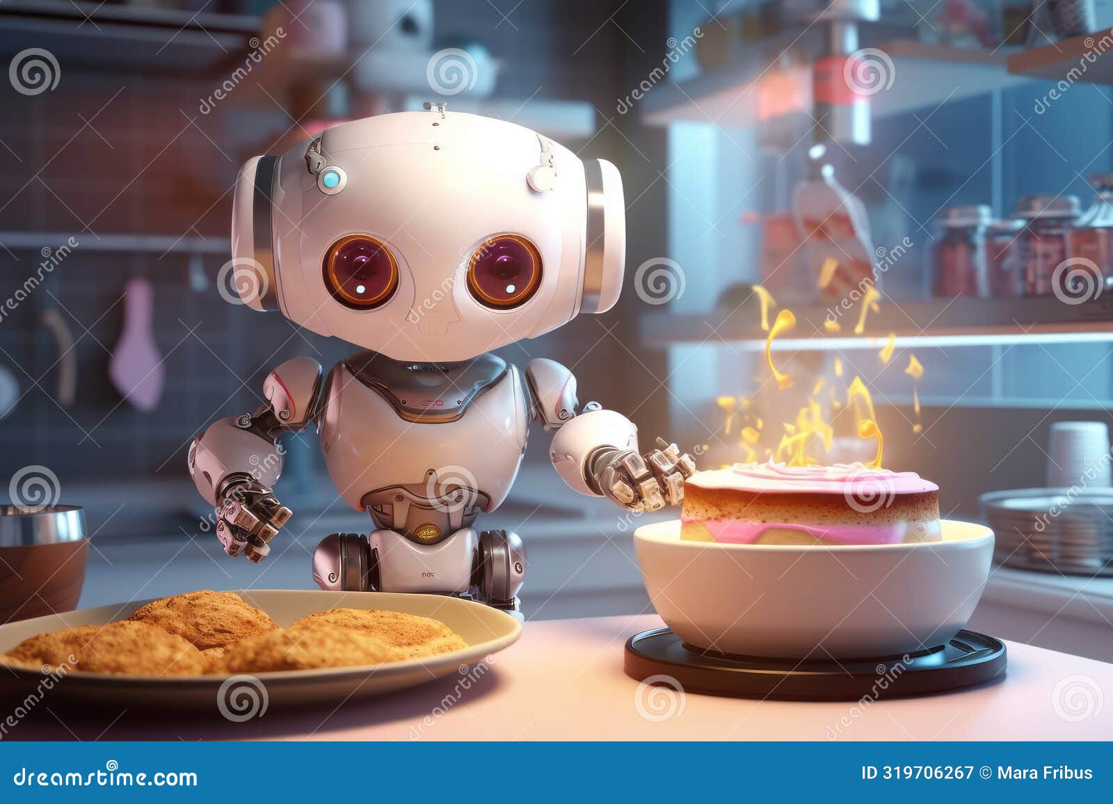 cute little robot helping in the kitchen. robotic assistant for the home. robo chief character making food. technology, artificial
