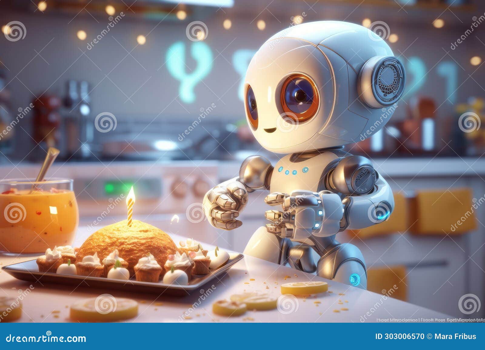 cute little robot helping in the kitchen. robotic assistant for the home. robo chief character making food. technology, artificial