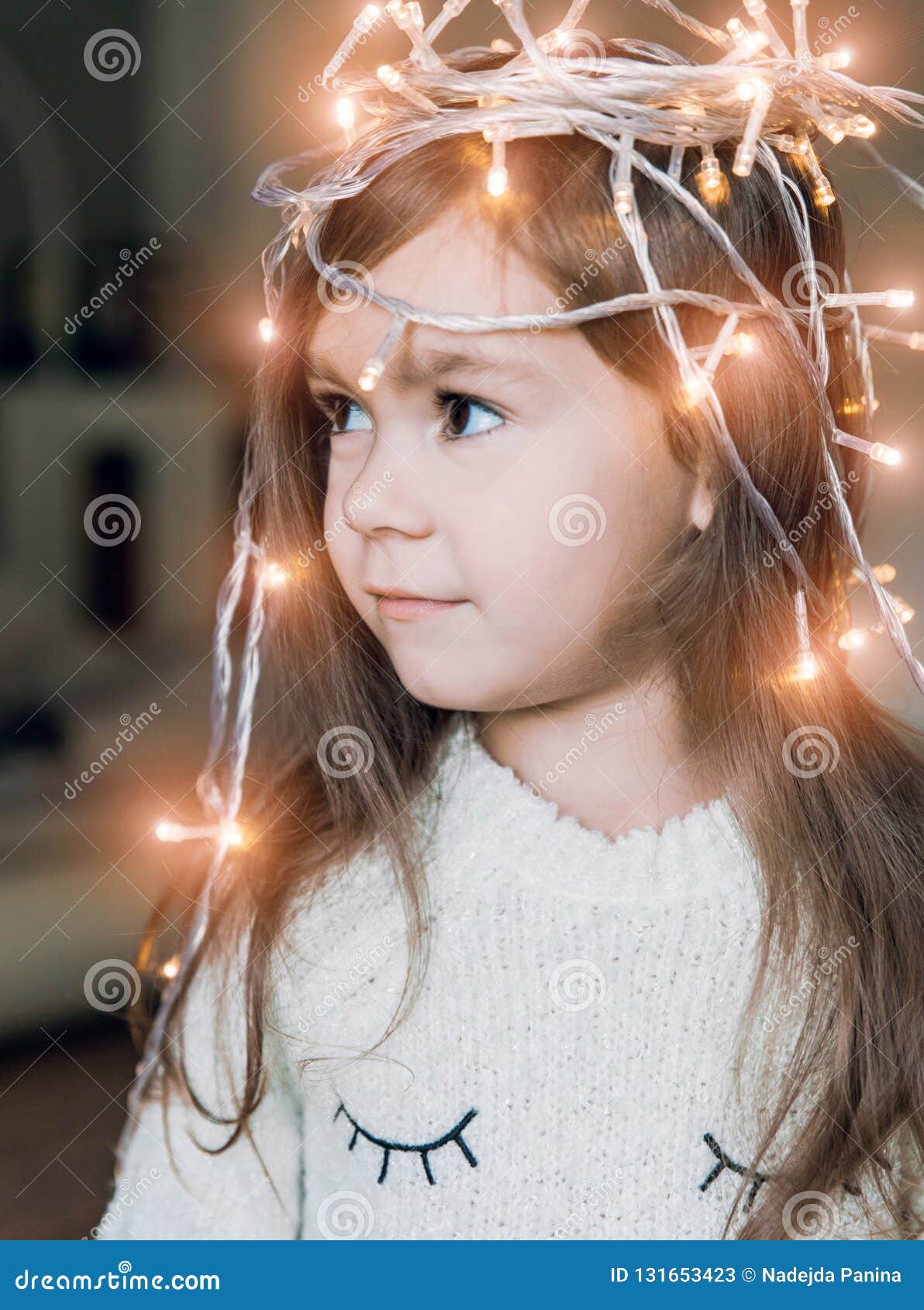 Cute Little Smiling Girl with Christmas Luminous Garland on Her Head ...