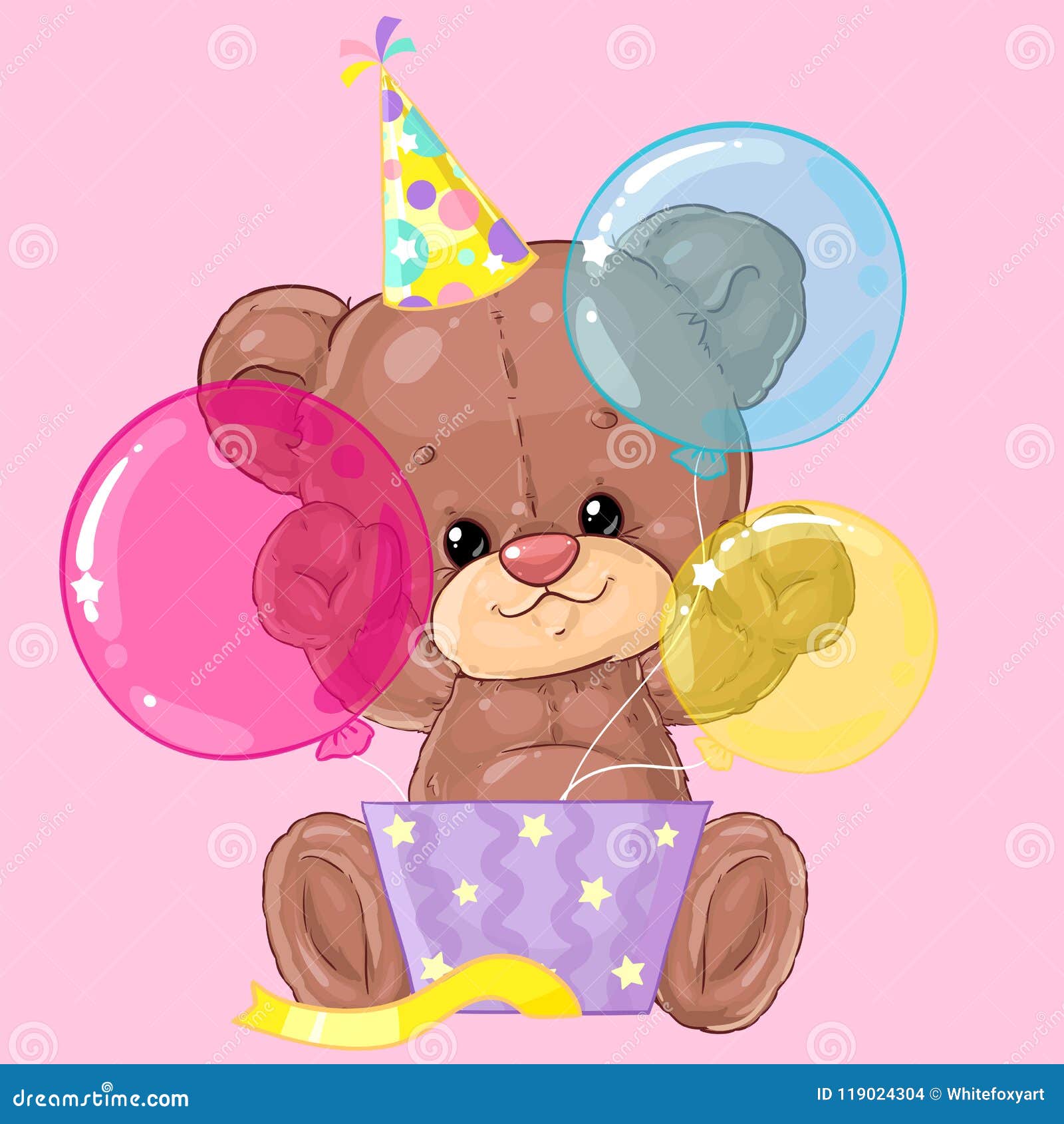 Cute Little Teddy Bear with Gift Box and Balloons. Birthday ...