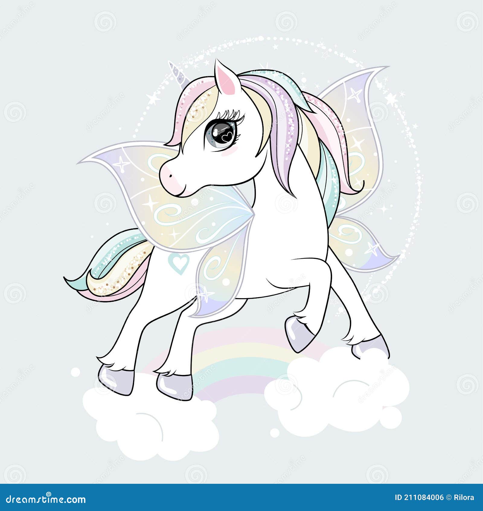 Cute Little Unicorn Character with Butterfly Wings Flying in the Skies ...